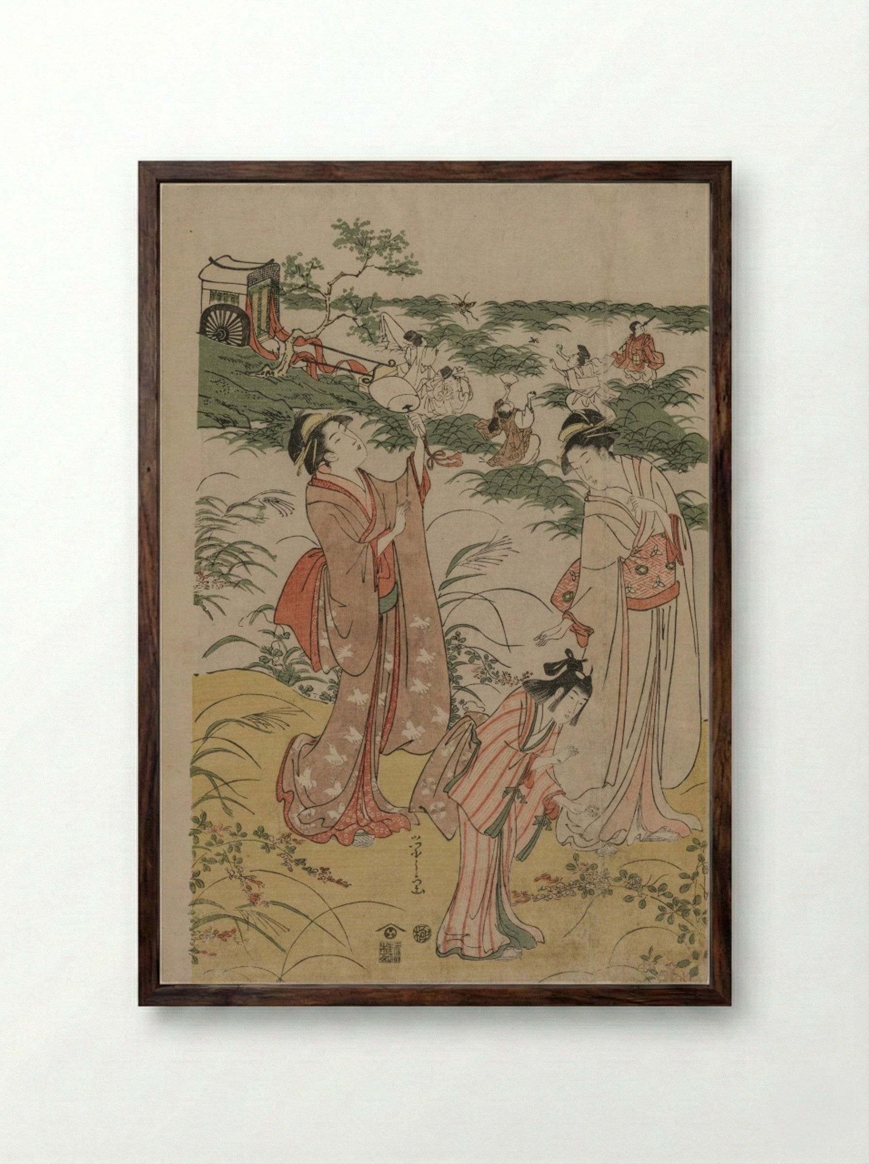 Women Chasing Crickets on an Autumn Moor - Chōbunsai Eishi - Framed Print Dark Wood