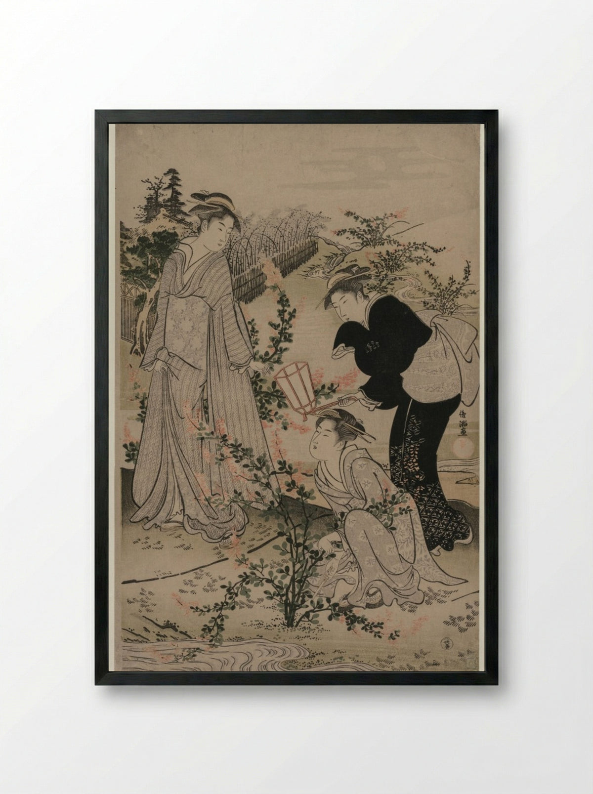 Women Cutting Branches of Bush Clover; The Noji Tama River in Omi Province - Kubo Shunman - Framed Print Black
