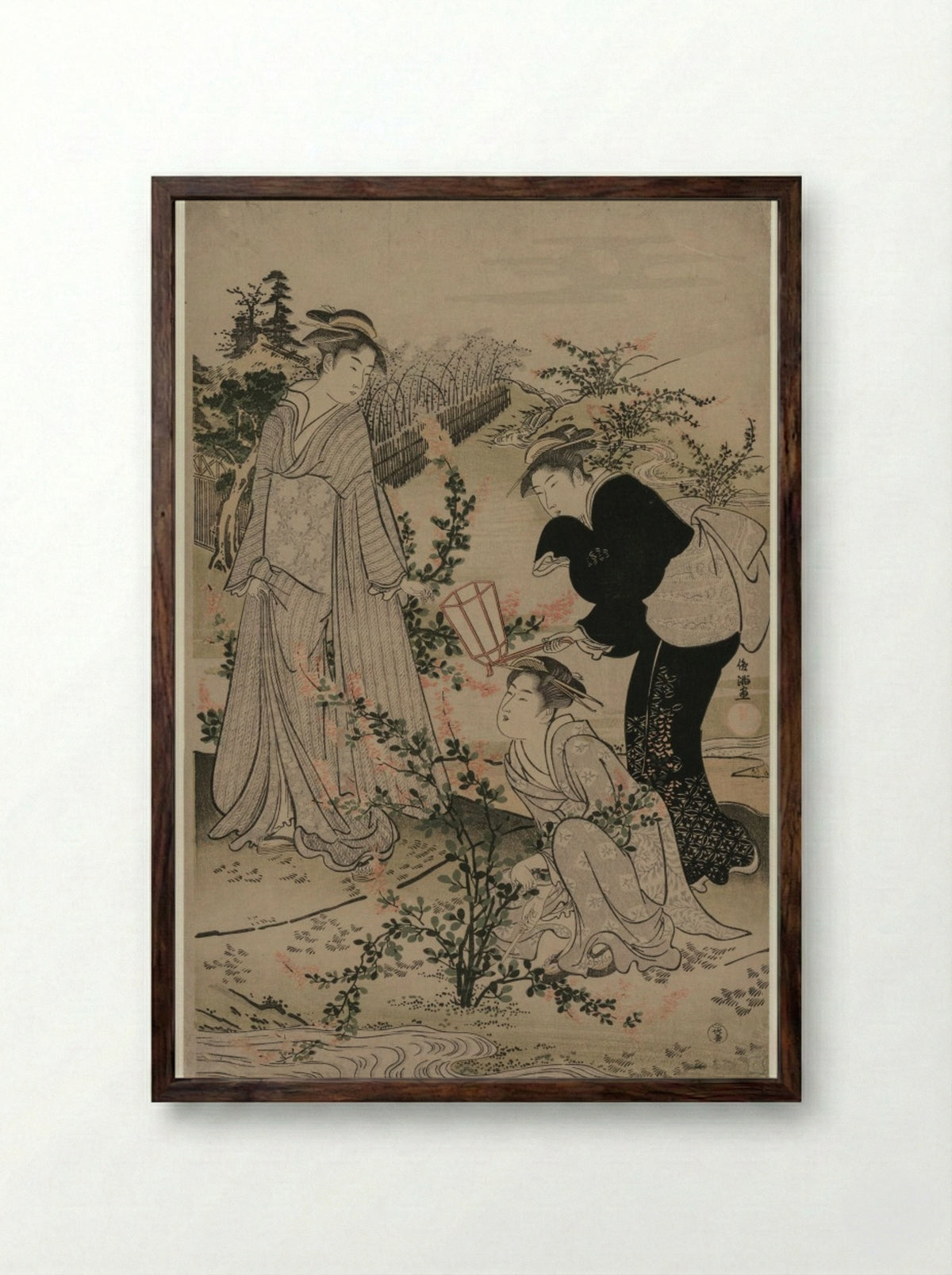 Women Cutting Branches of Bush Clover; The Noji Tama River in Omi Province - Kubo Shunman - Framed Print Dark Wood