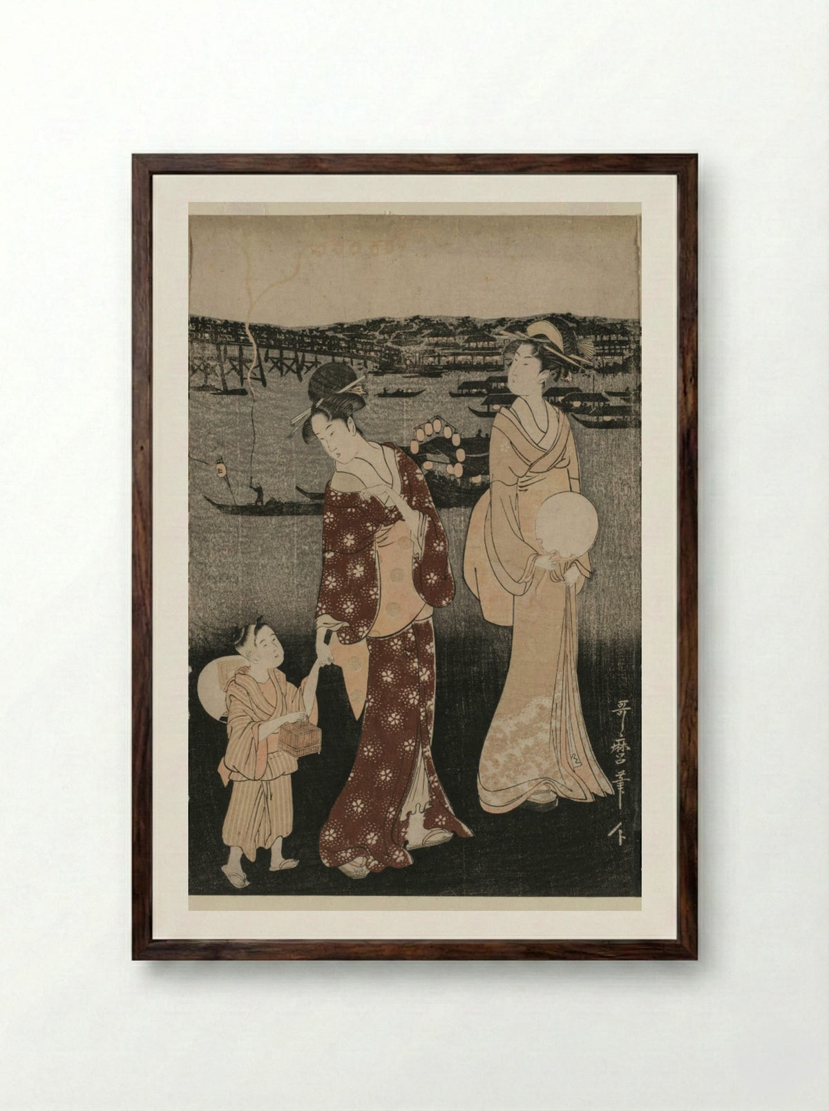 Women Enjoying the Evening Cool Near Ryogoku Bridge - Kitagawa Utamaro - Framed Print Dark Wood