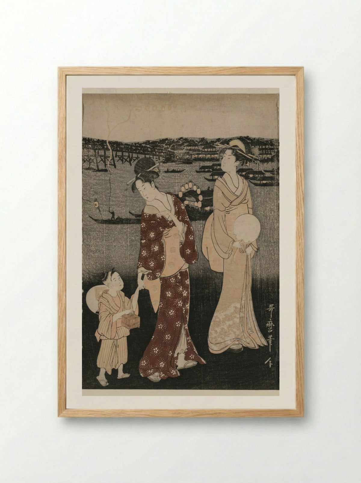 Women Enjoying the Evening Cool Near Ryogoku Bridge - Kitagawa Utamaro - Framed Print Wood