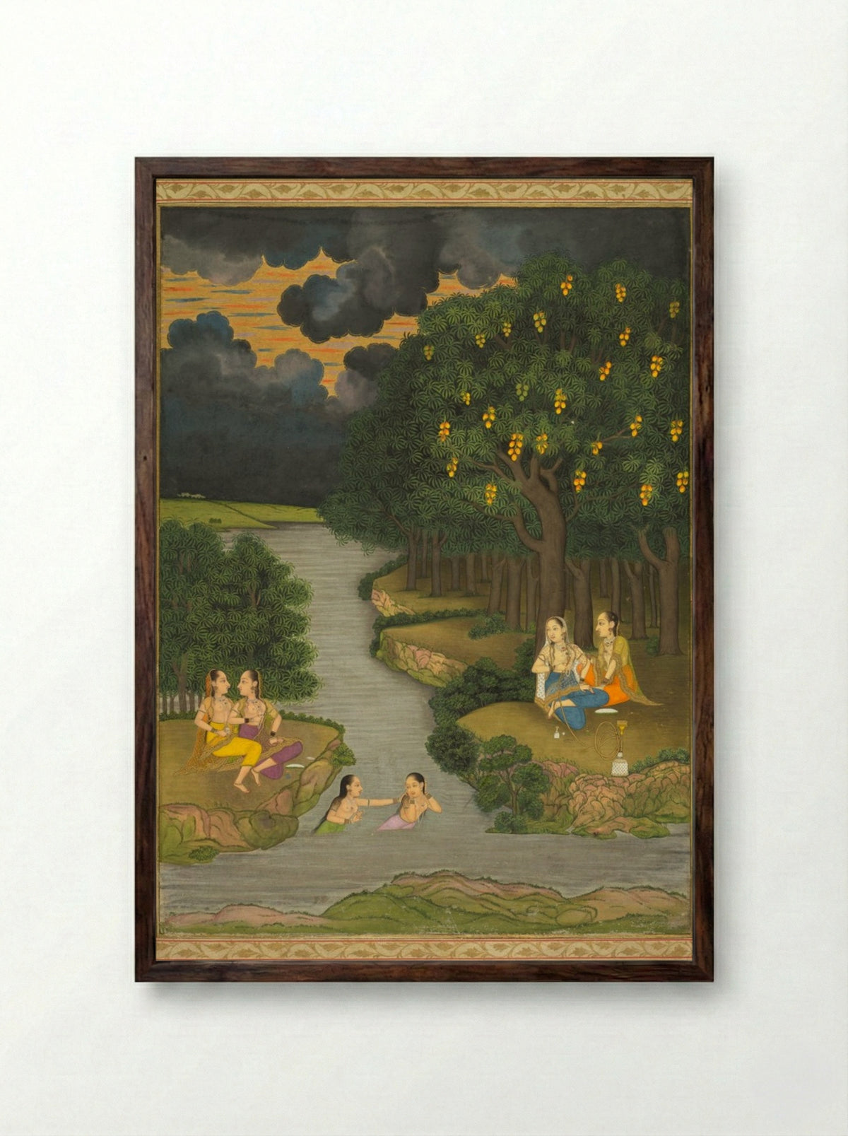 Women Enjoying the River at the Forest’s Edge - Hunhar II - Framed Print Dark Wood
