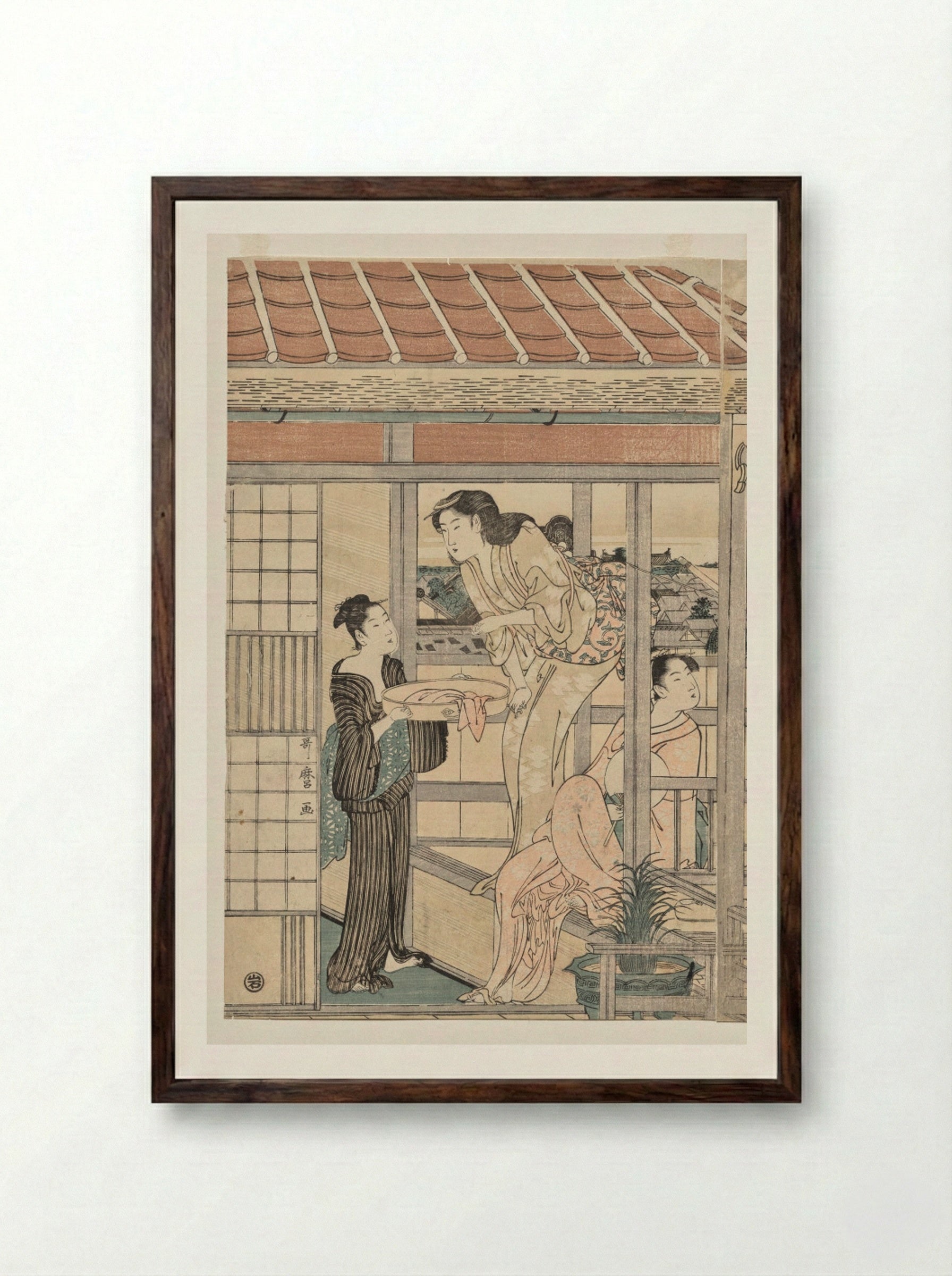Women Hanging Laundry to Dry on a Balcony - Kitagawa Utamaro - Framed Print Dark Wood