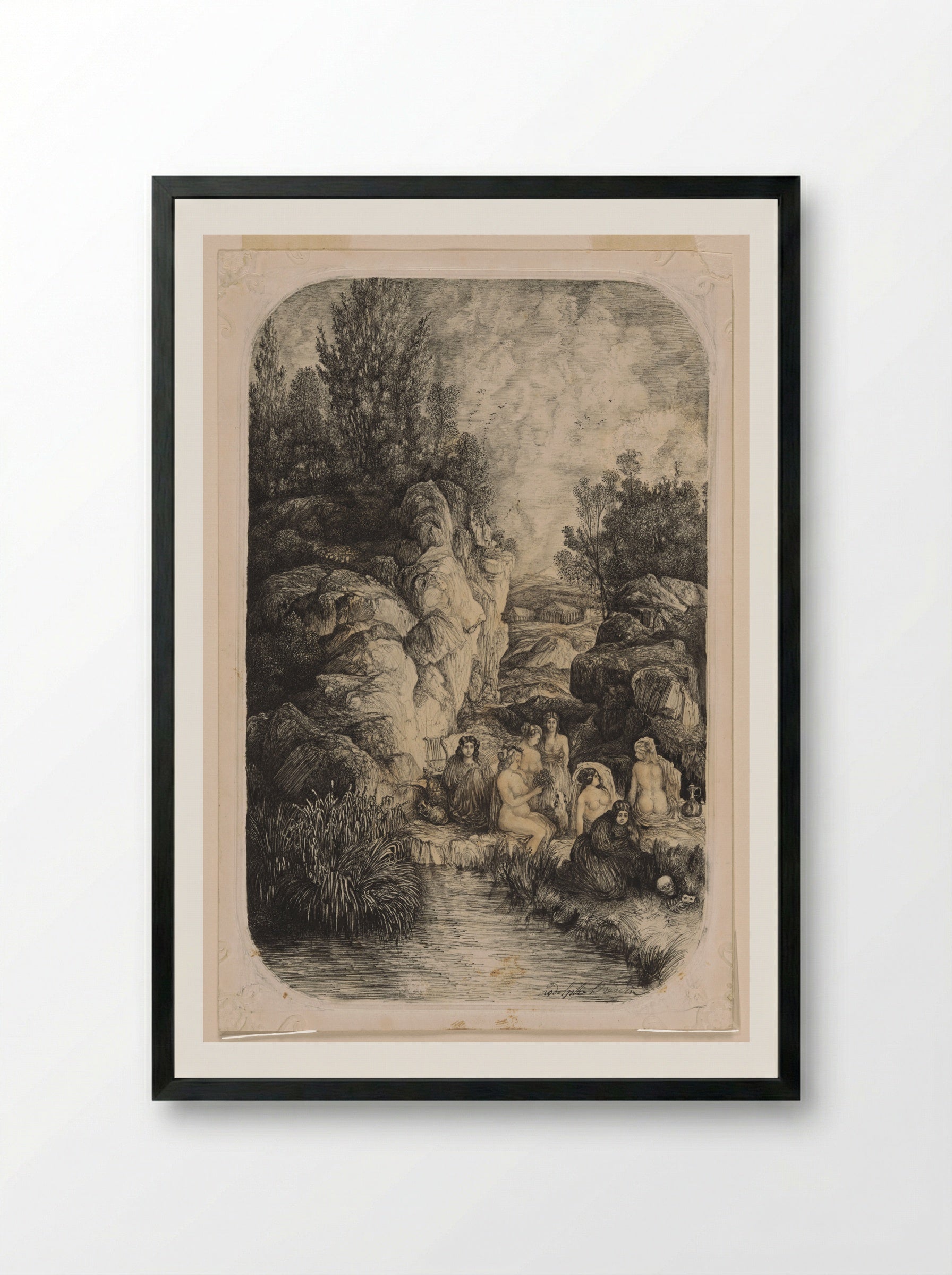 Women Near a Pool - Rodolphe Bresdin - Framed Print Black