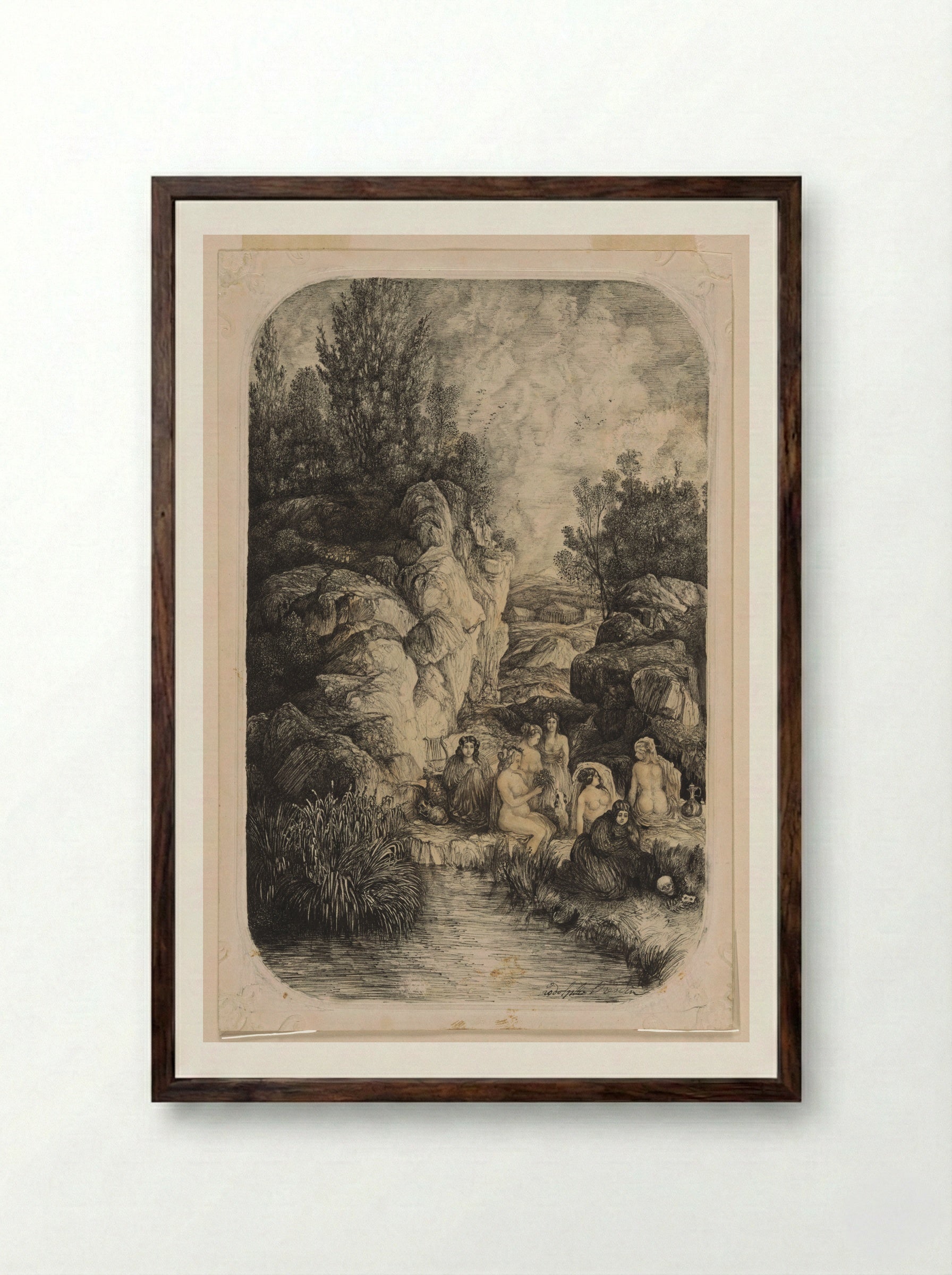Women Near a Pool - Rodolphe Bresdin - Framed Print Dark Wood