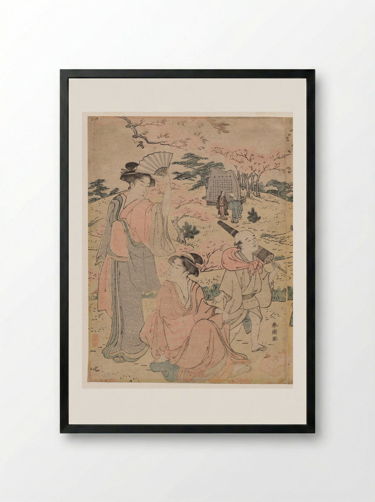 Women Viewing Cherry Blossoms at Asukayama - Katsukawa Shunchō - Framed Print Black