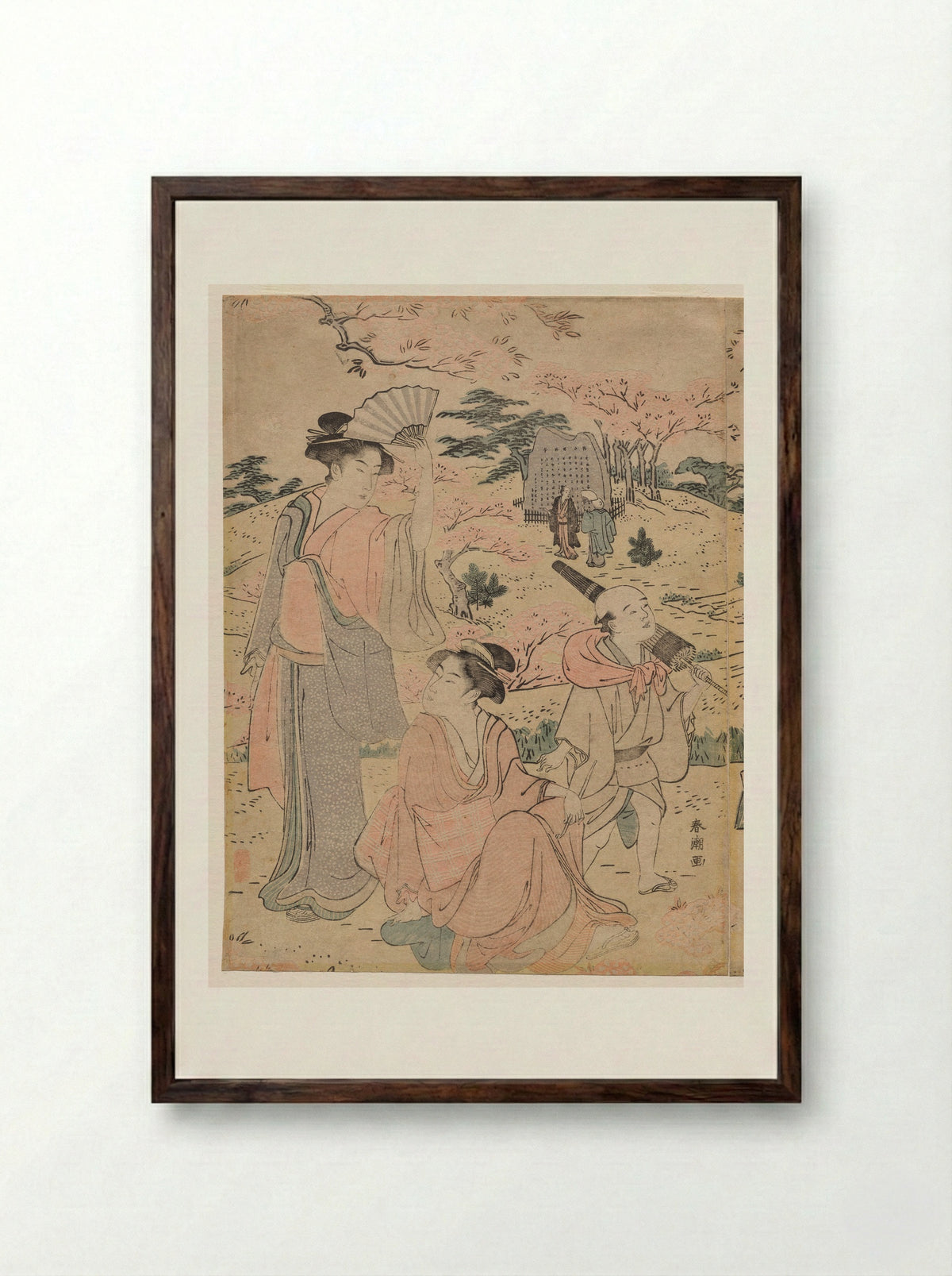 Women Viewing Cherry Blossoms at Asukayama - Katsukawa Shunchō - Framed Print Dark Wood