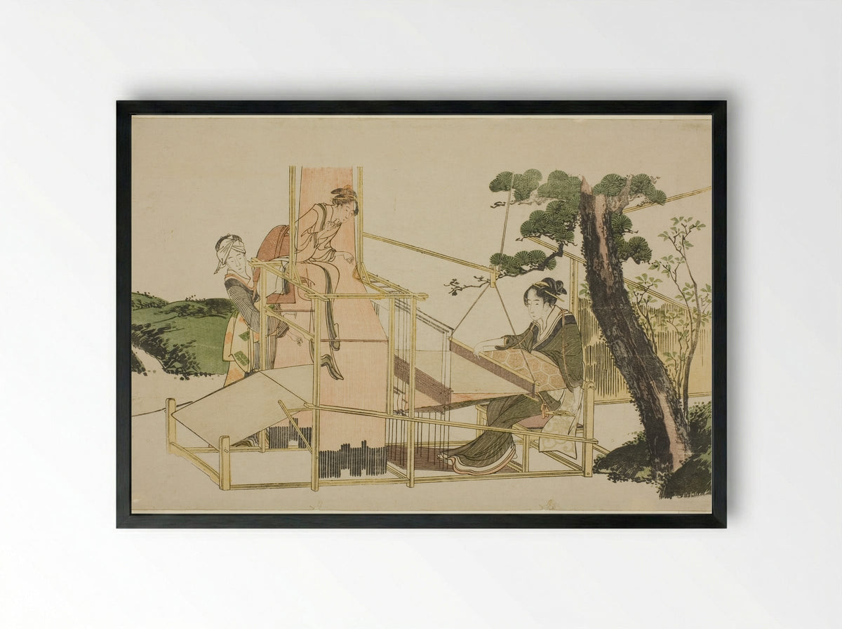 Women Weaving on a Loom - Katsushika Hokusai - Framed Print Black