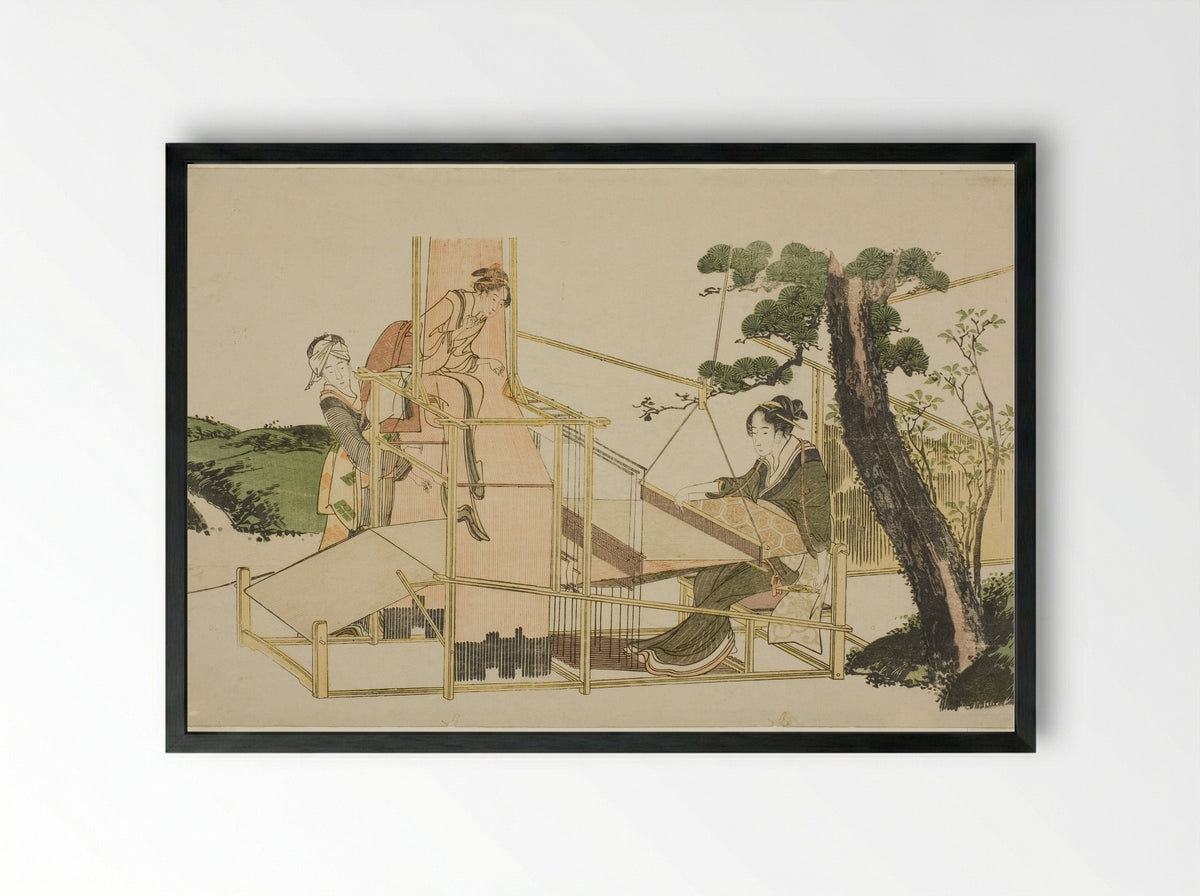 Women Weaving on a Loom - Katsushika Hokusai - Framed Print Black