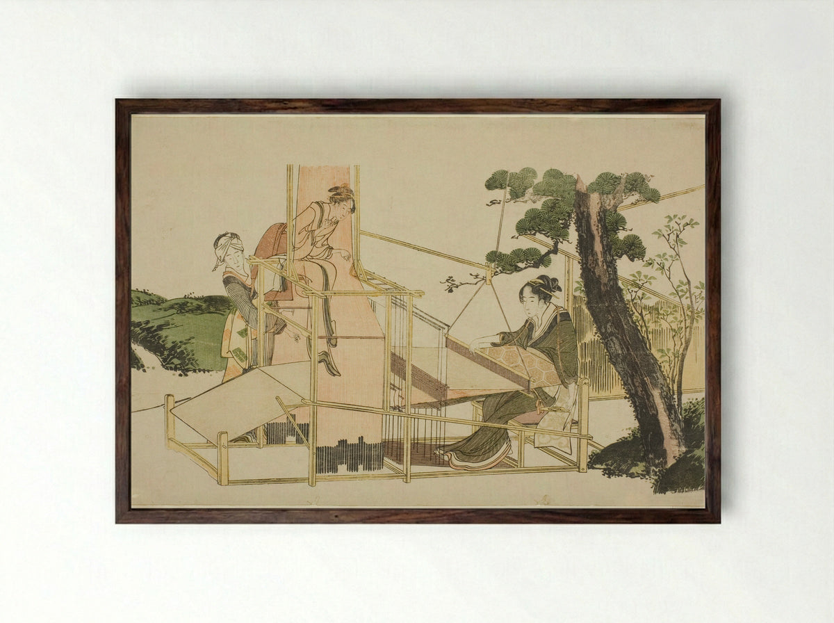 Women Weaving on a Loom - Katsushika Hokusai - Framed Print Dark Wood