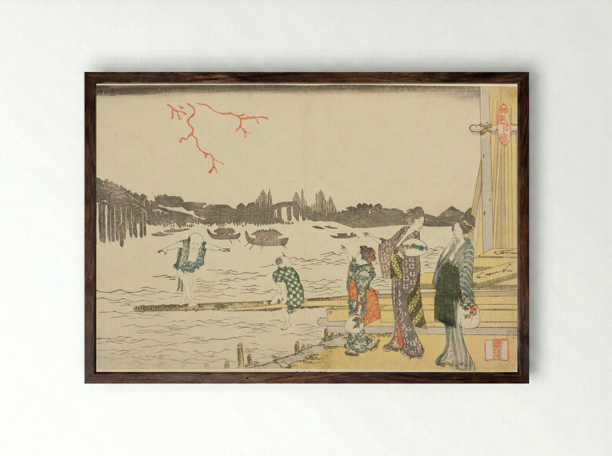 Women and Children Viewing the Fireworks - Katsushika Hokusai - Framed Print Dark Wood