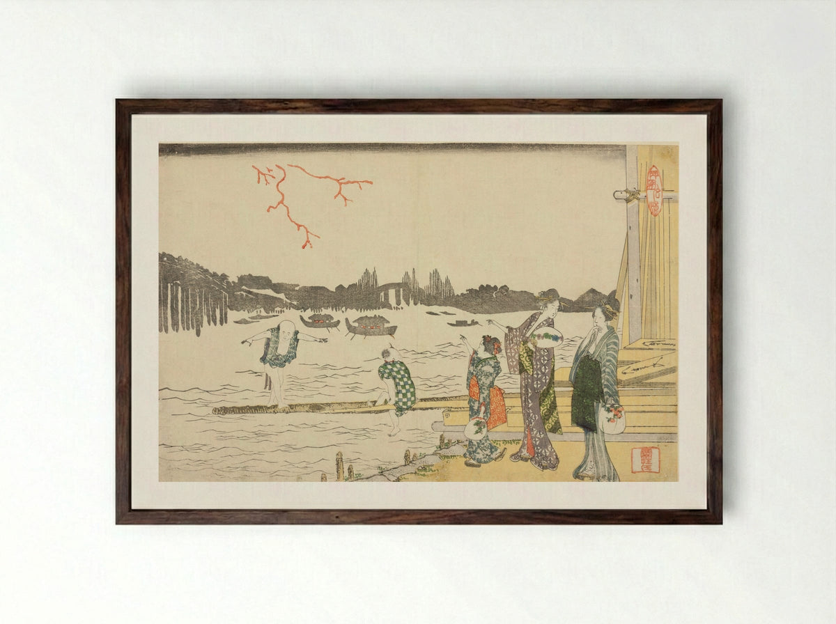 Women and Children Viewing the Fireworks - Katsushika Hokusai - Framed Print Dark Wood