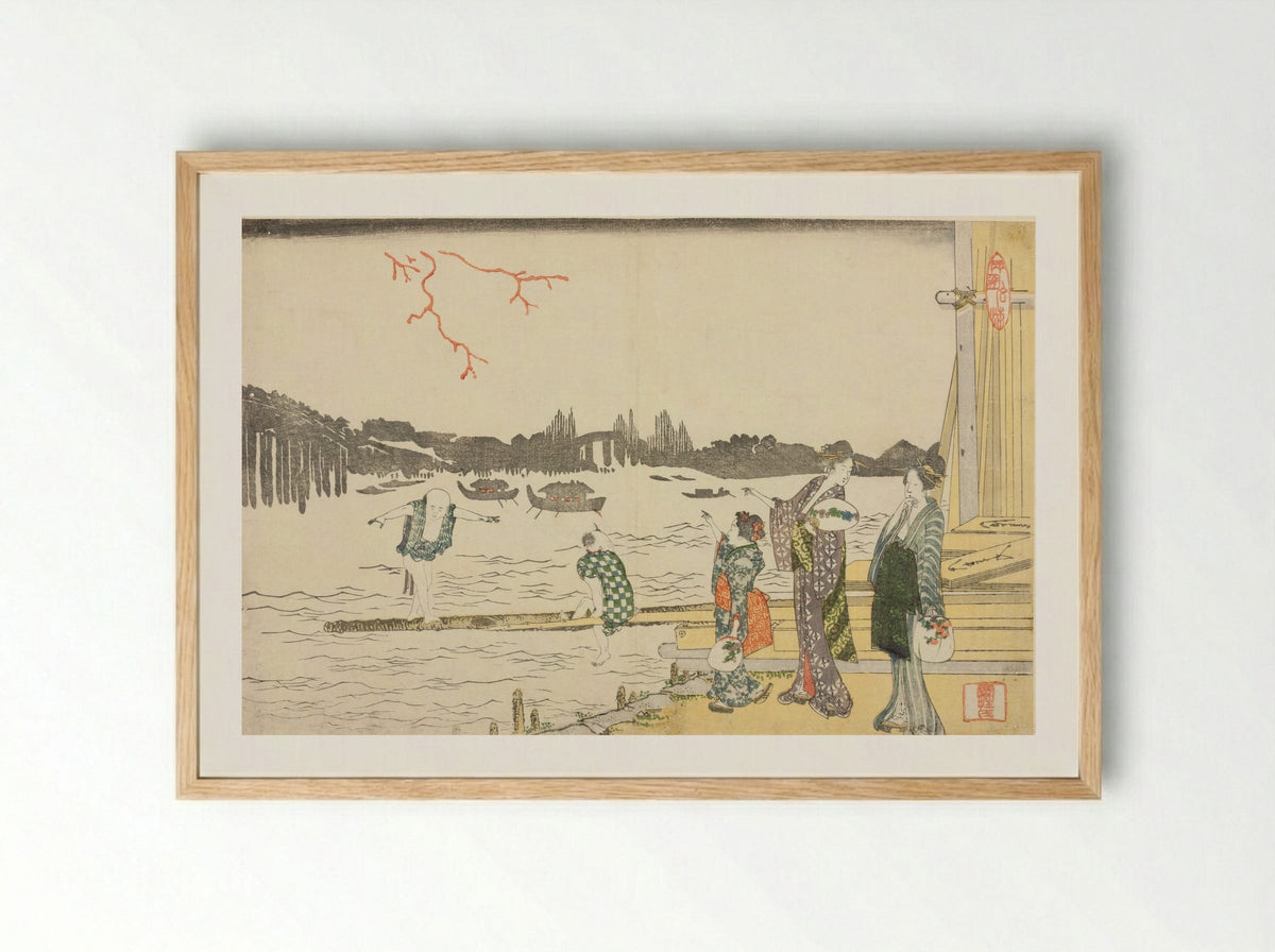 Women and Children Viewing the Fireworks - Katsushika Hokusai - Framed Print Wood