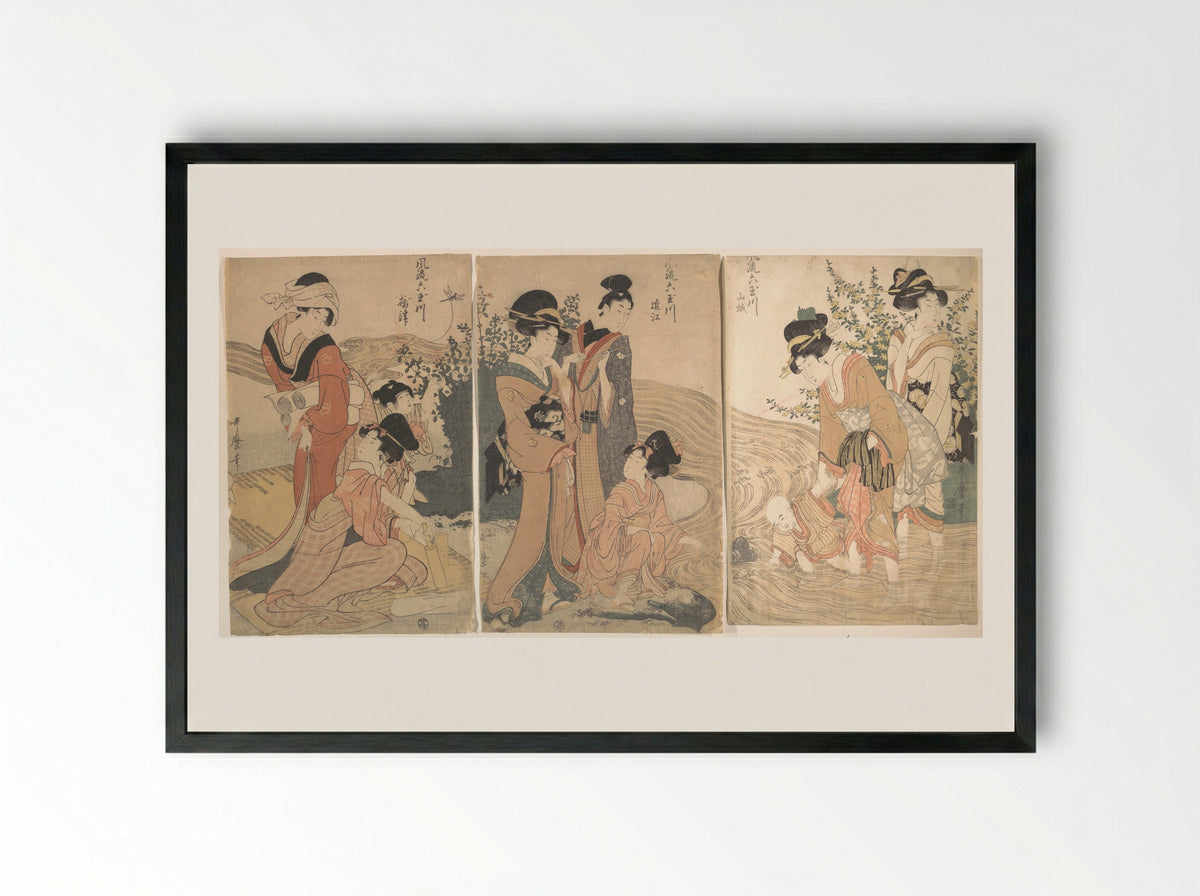 Women and Children on the Banks of a Stream - Kitagawa Utamaro - Framed Print Black