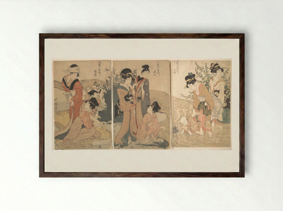 Women and Children on the Banks of a Stream - Kitagawa Utamaro - Framed Print Dark Wood