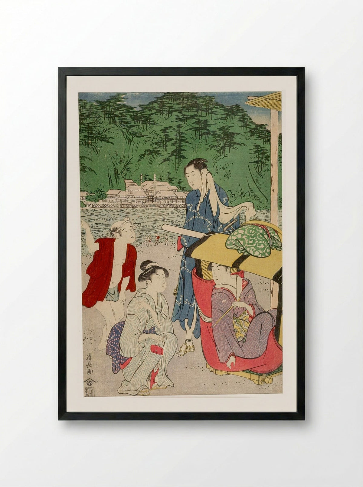 Women and Male Attendant at the Shore (Enoshima?) - Torii Kiyonaga - Framed Print Black