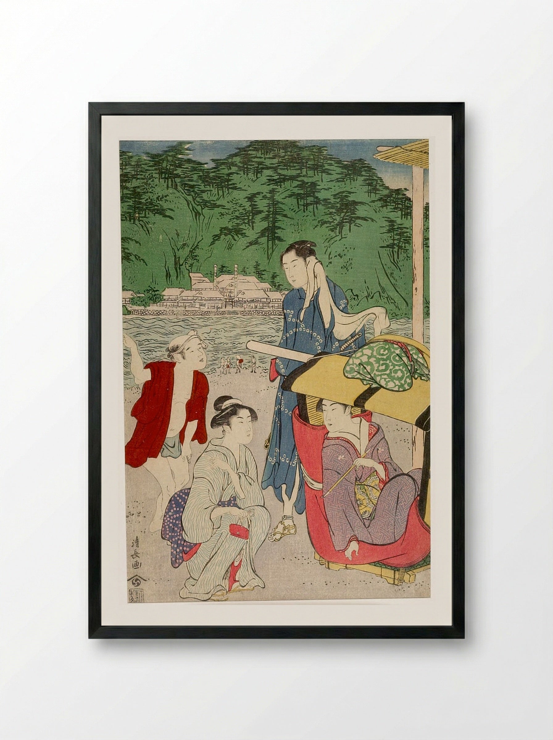 Women and Male Attendant at the Shore (Enoshima?) - Torii Kiyonaga - Framed Print Black