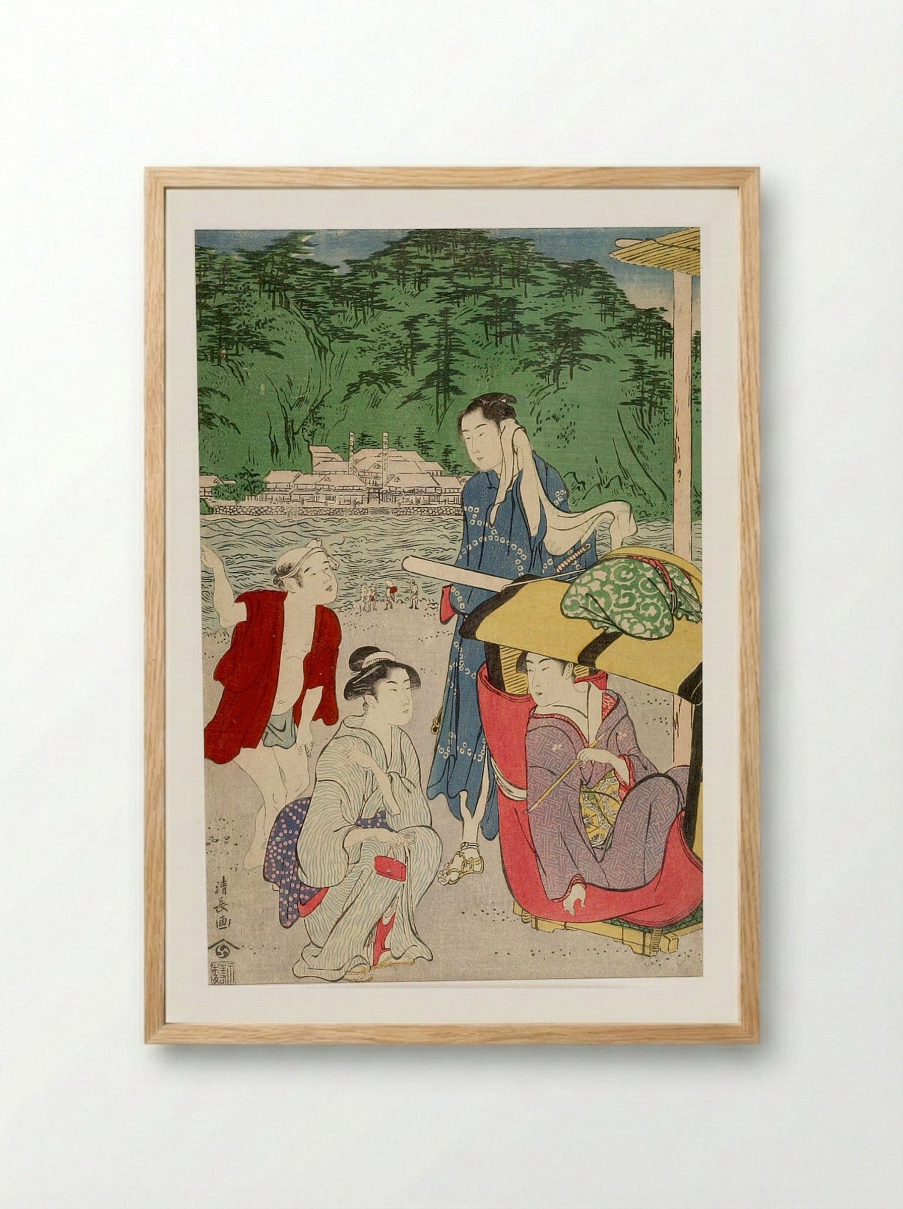 Women and Male Attendant at the Shore (Enoshima?) - Torii Kiyonaga - Framed Print Wood