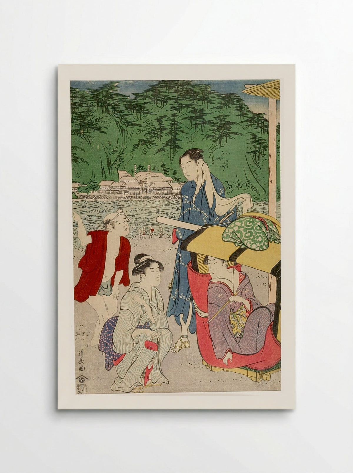 Women and Male Attendant at the Shore (Enoshima?) - Torii Kiyonaga - Poster
