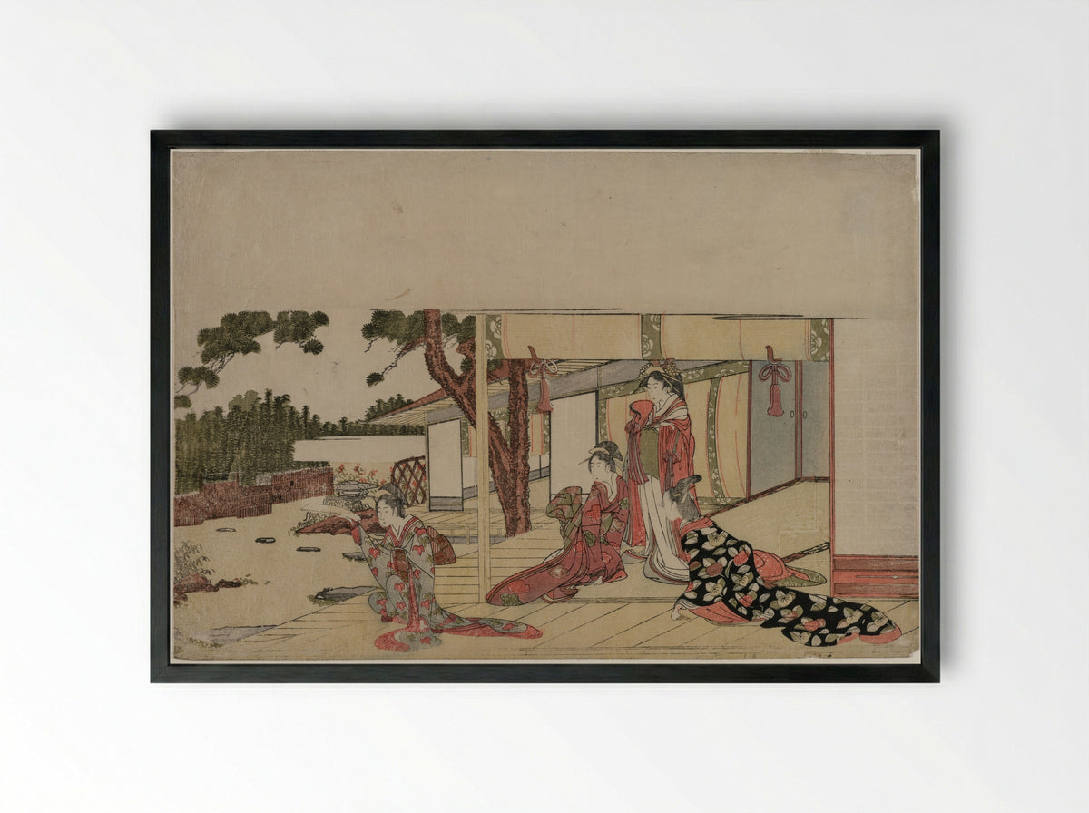Women on a Veranda - Hishikawa Sōri III - Framed Print Black