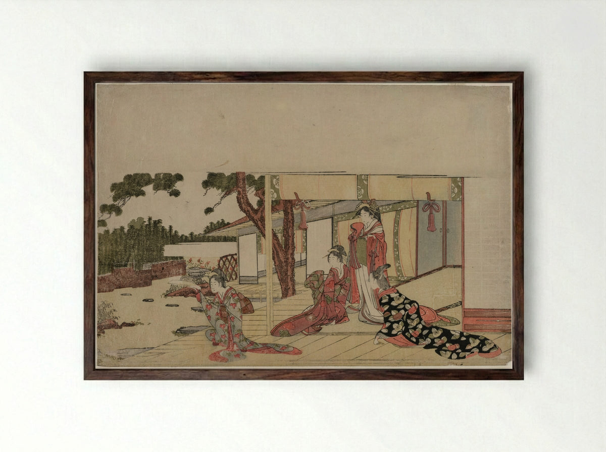 Women on a Veranda - Hishikawa Sōri III - Framed Print Dark Wood