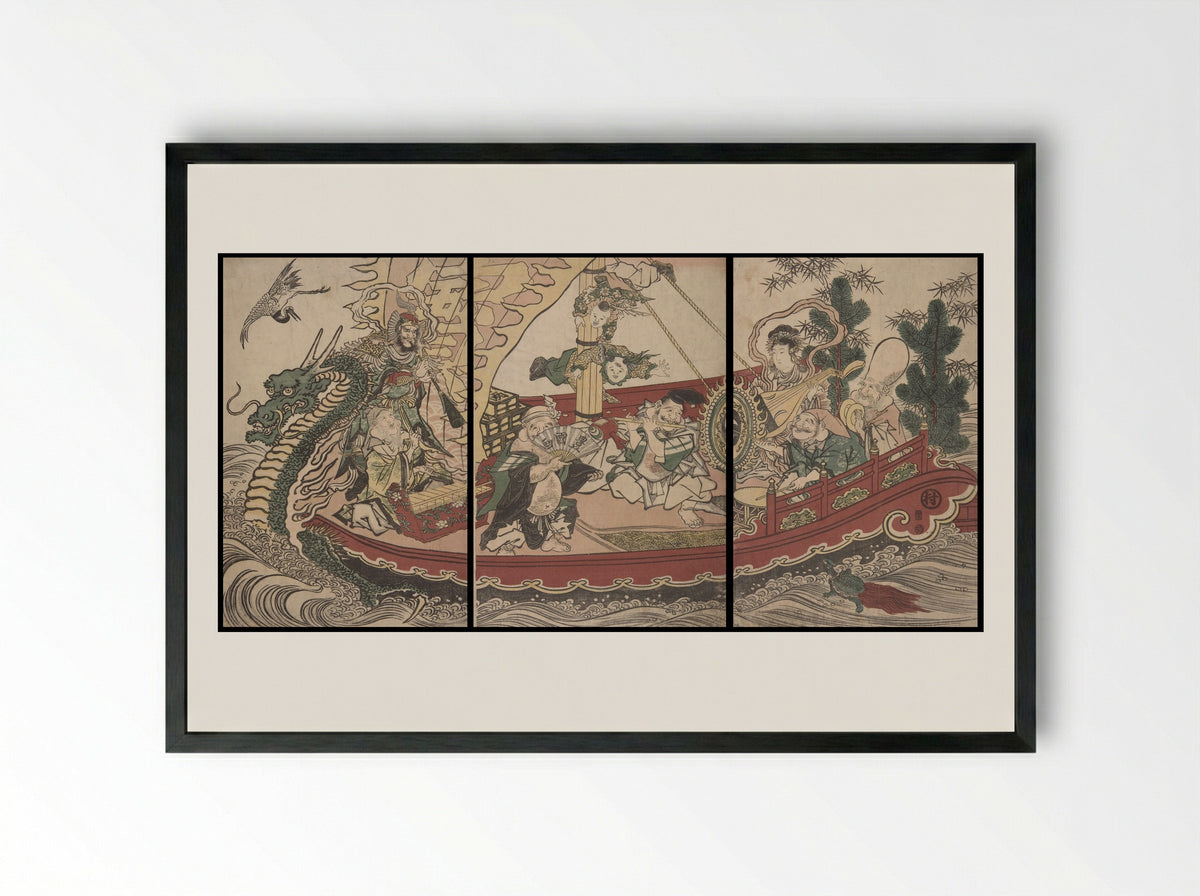 Women on a boat at New Year imitating the Seven Gods of Good Fortune - Utagawa Toyokuni I - Framed Print Black