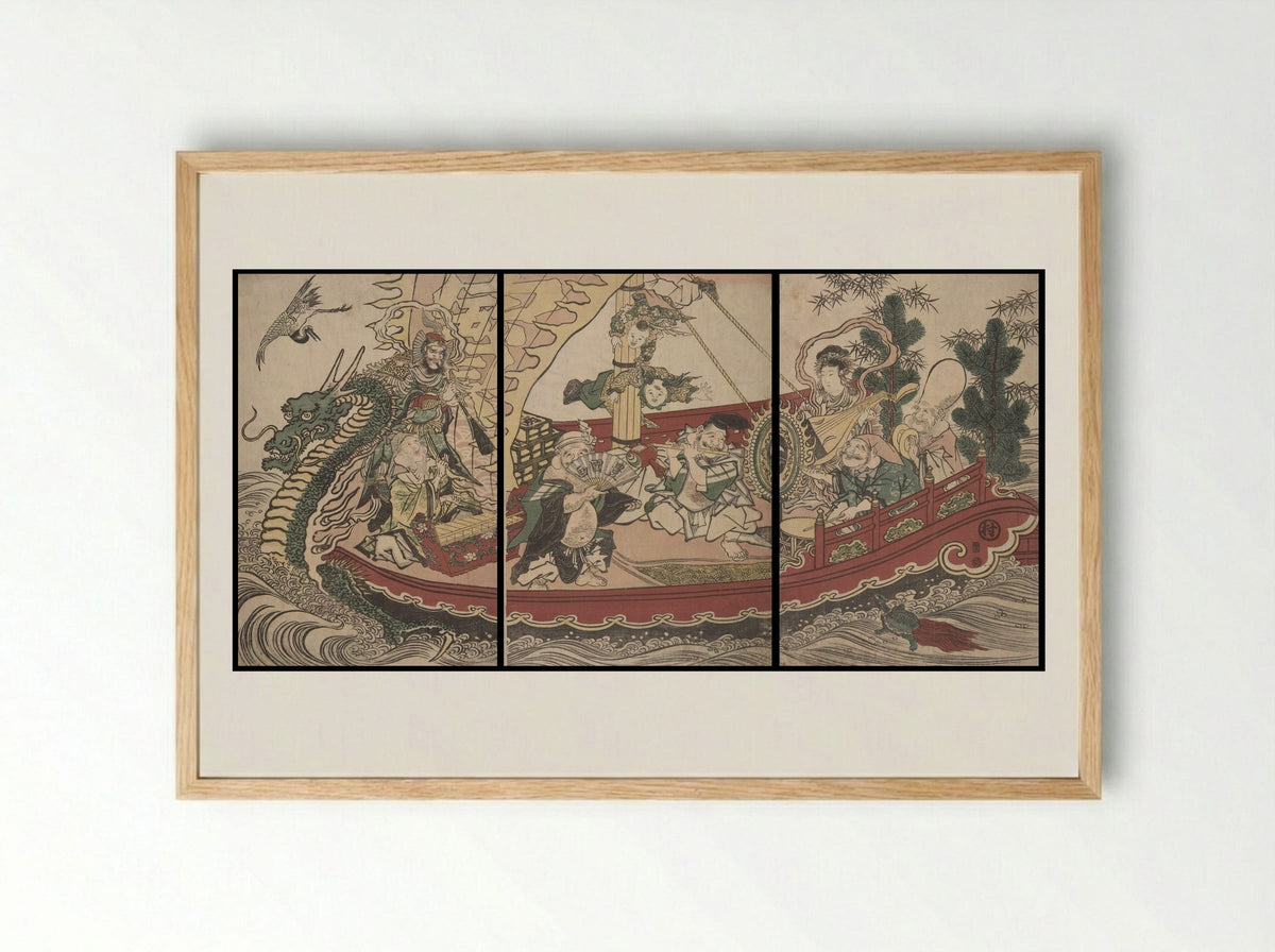 Women on a boat at New Year imitating the Seven Gods of Good Fortune - Utagawa Toyokuni I - Framed Print Wood