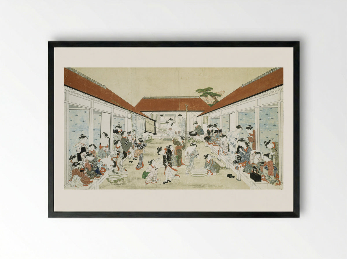 Women's Bathhouse and Laundry - Kitao Shigemasa - Framed Print Black