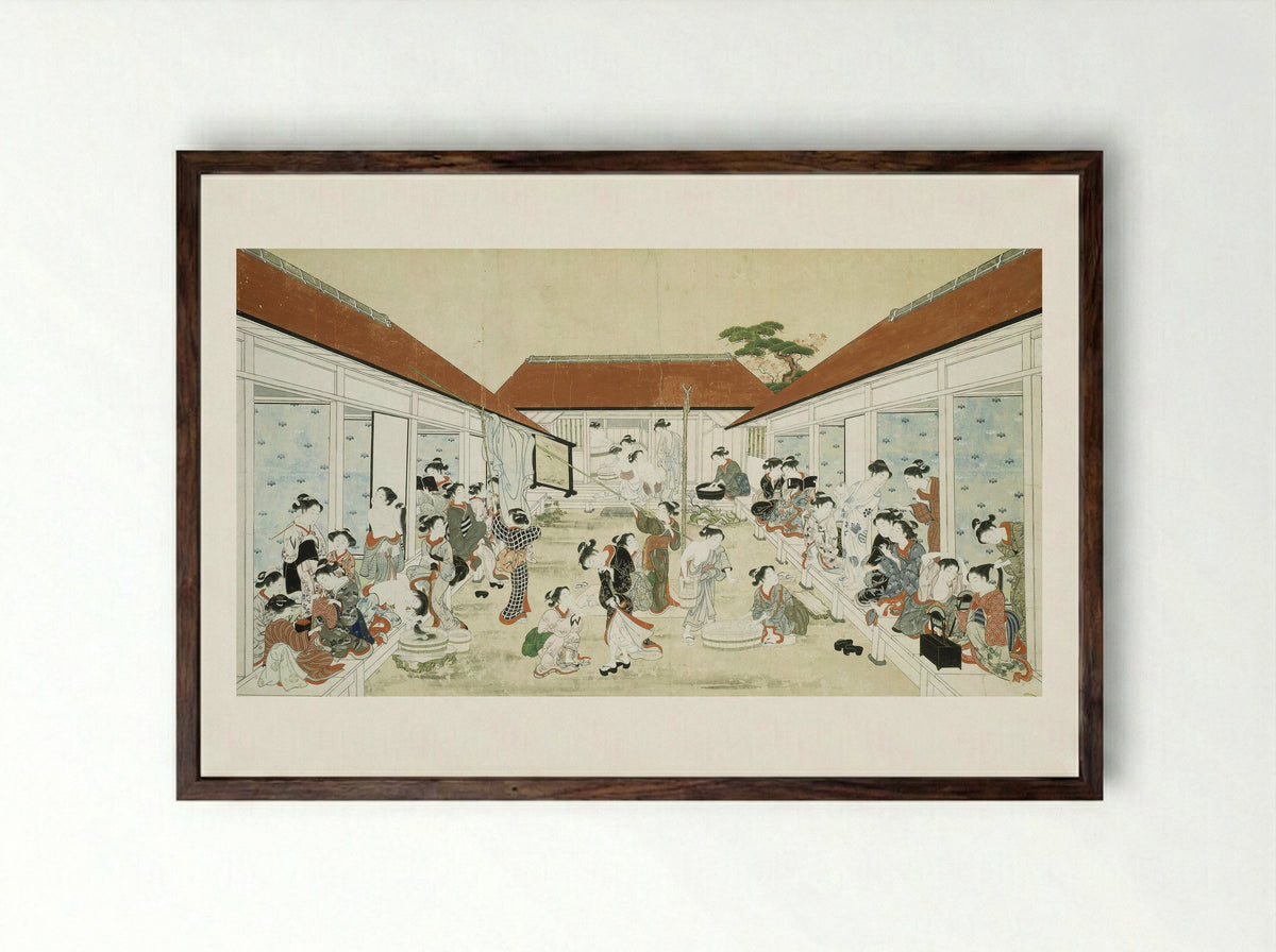 Women's Bathhouse and Laundry - Kitao Shigemasa - Framed Print Dark Wood