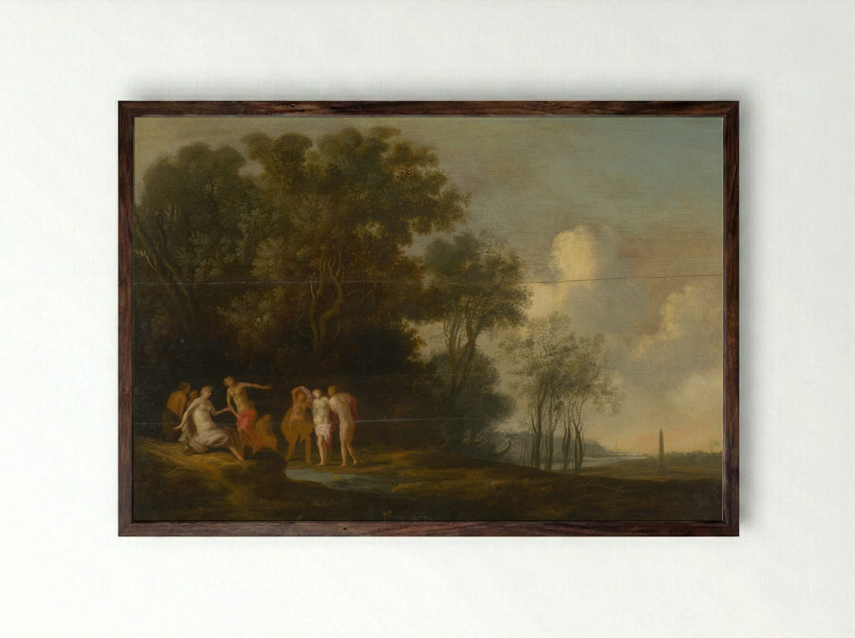 Wooded Hilly Terrain with Figures - Dirck Dalens (II) - Framed Print Dark Wood