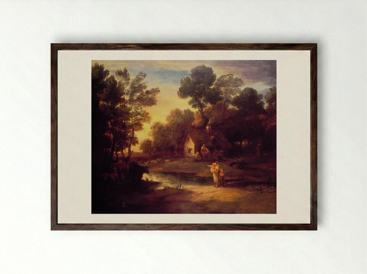 Wooded Landscape with Cattle by a Pool and a Cottage at Evening - Thomas Gainsborough - Framed Print Dark Wood