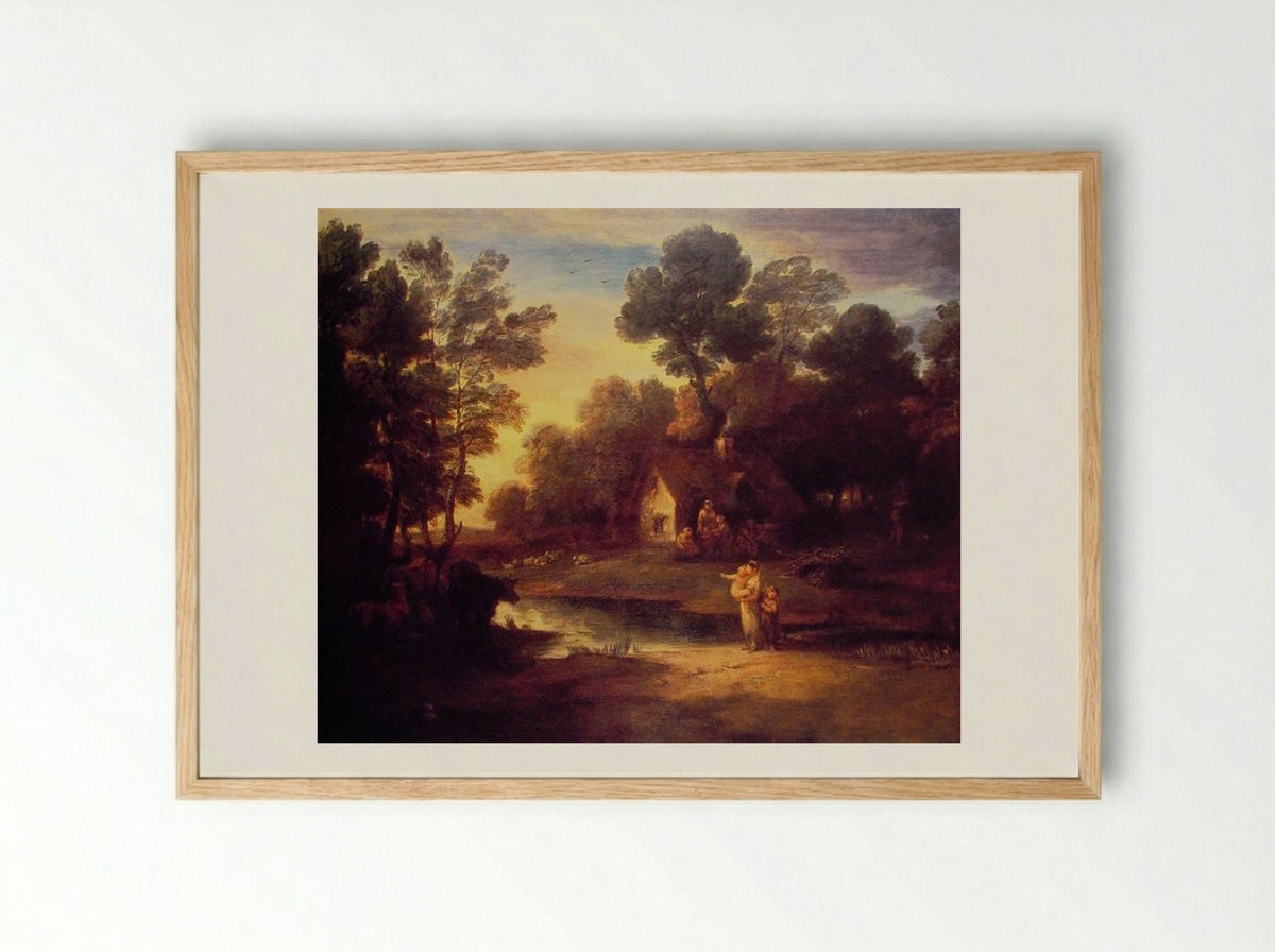 Wooded Landscape with Cattle by a Pool and a Cottage at Evening - Thomas Gainsborough - Framed Print Wood