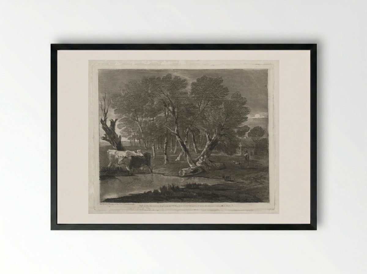 Wooded Landscape with Cows beside a Pool, Figures and Cottage - Thomas Gainsborough - Framed Print Black