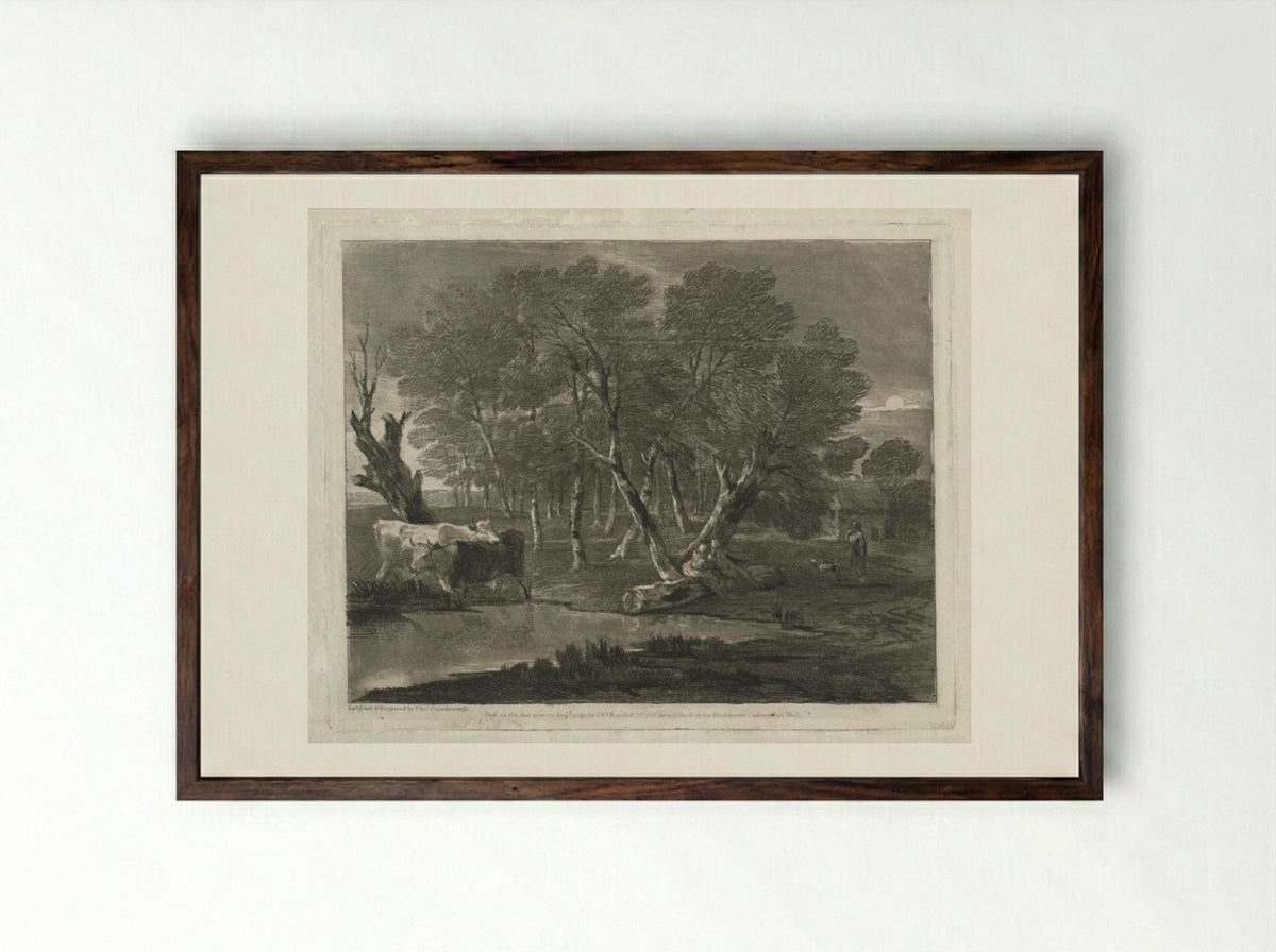 Wooded Landscape with Cows beside a Pool, Figures and Cottage - Thomas Gainsborough - Framed Print Dark Wood