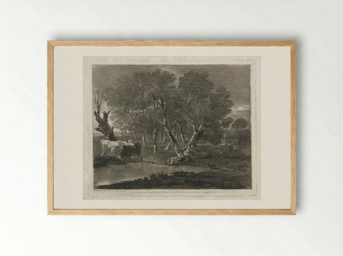 Wooded Landscape with Cows beside a Pool, Figures and Cottage - Thomas Gainsborough - Framed Print Wood