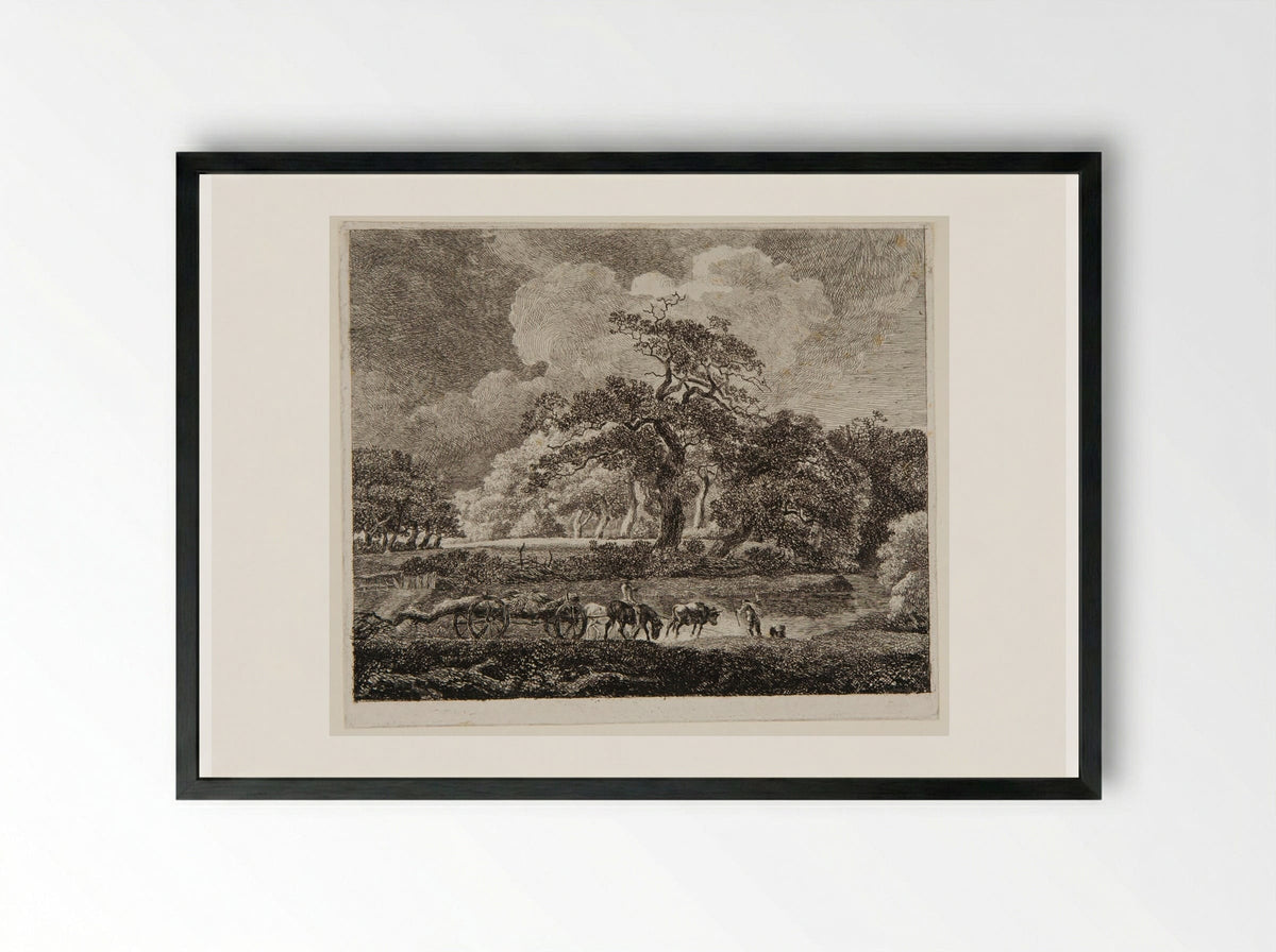 Wooded Landscape with Men Hauling Timber - Johann Christian Reinhart - Framed Print Black
