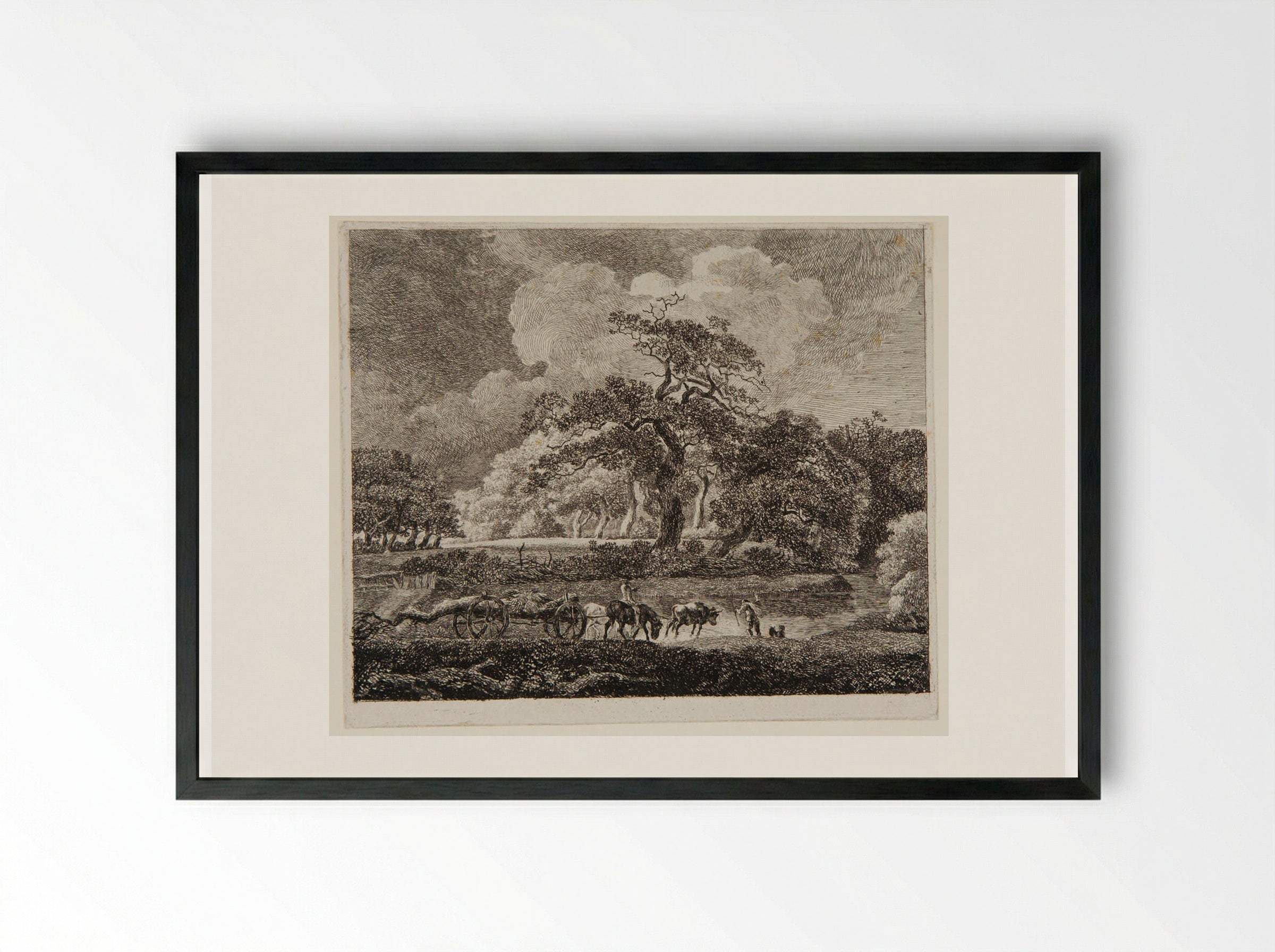 Wooded Landscape with Men Hauling Timber - Johann Christian Reinhart - Framed Print Black