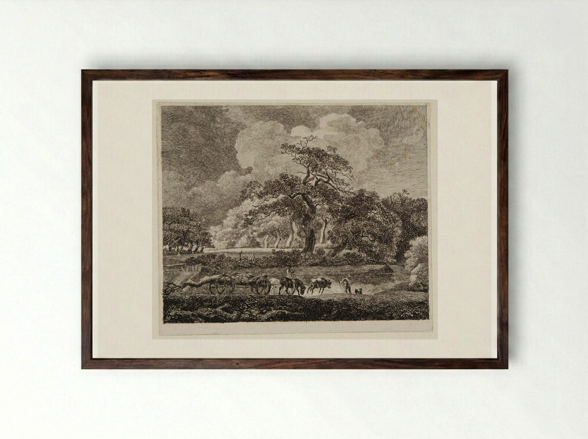 Wooded Landscape with Men Hauling Timber - Johann Christian Reinhart - Framed Print Dark Wood
