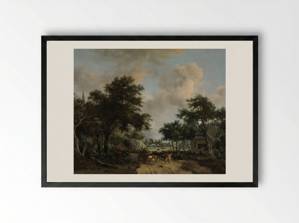 Wooded Landscape with Merrymakers in a Cart - Meindert Hobbema - Framed Print Black