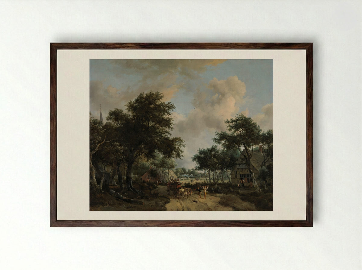 Wooded Landscape with Merrymakers in a Cart - Meindert Hobbema - Framed Print Dark Wood