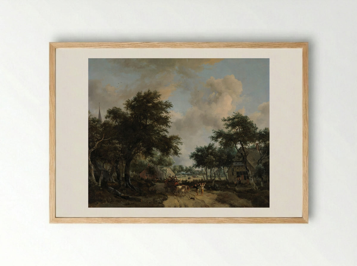 Wooded Landscape with Merrymakers in a Cart - Meindert Hobbema - Framed Print Wood
