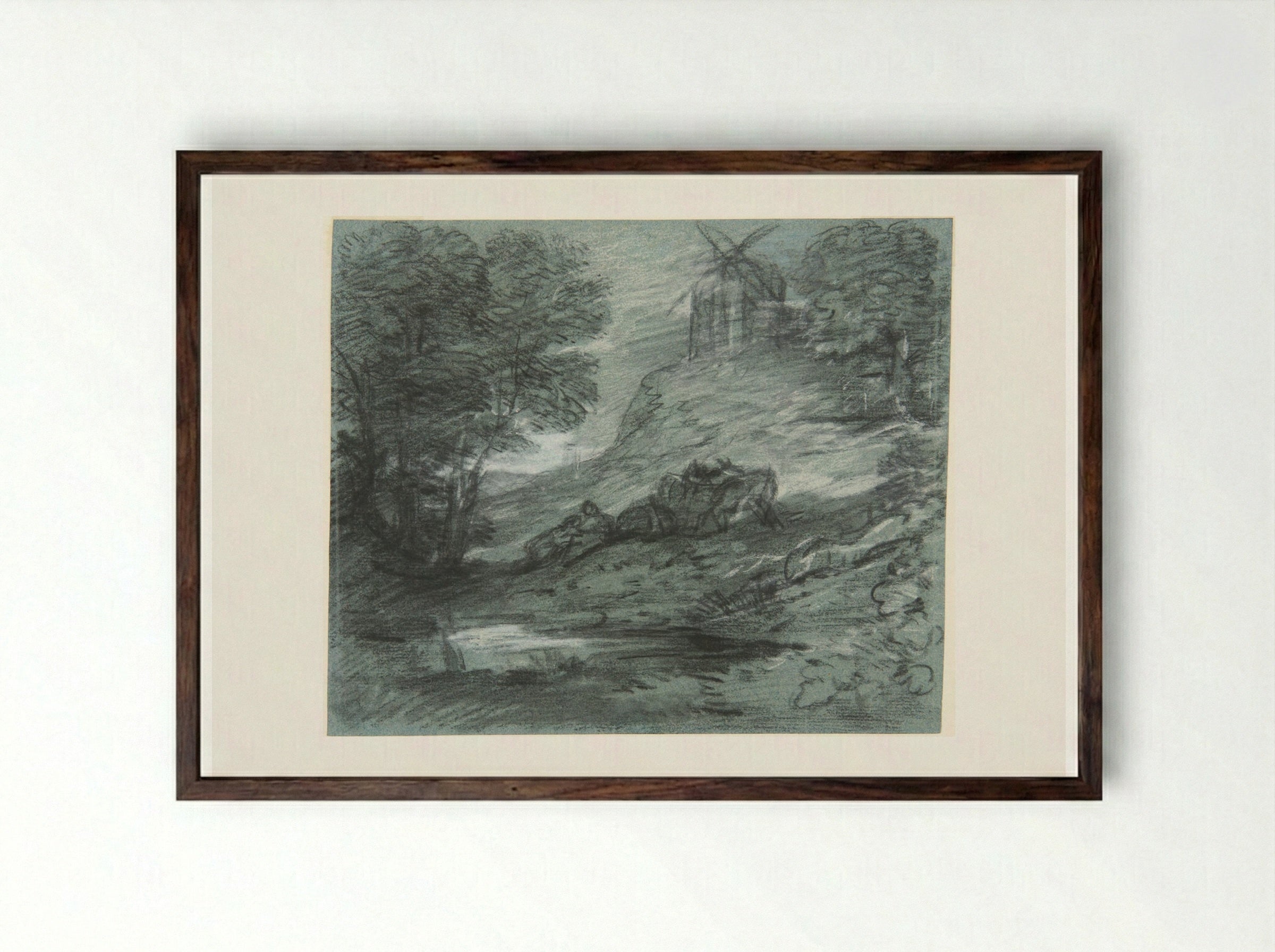 Wooded Landscape with Rustic Lovers, Packhorses and Windmill - Thomas Gainsborough - Framed Print Dark Wood