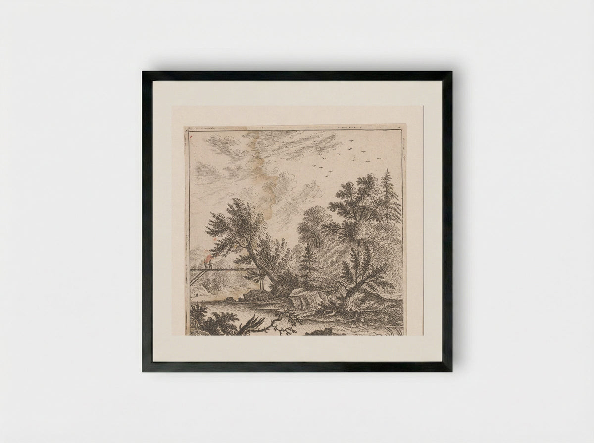 Wooded Landscape with Two Figures on a Bridge - Johann Caspar Ulinger - Framed Print Black