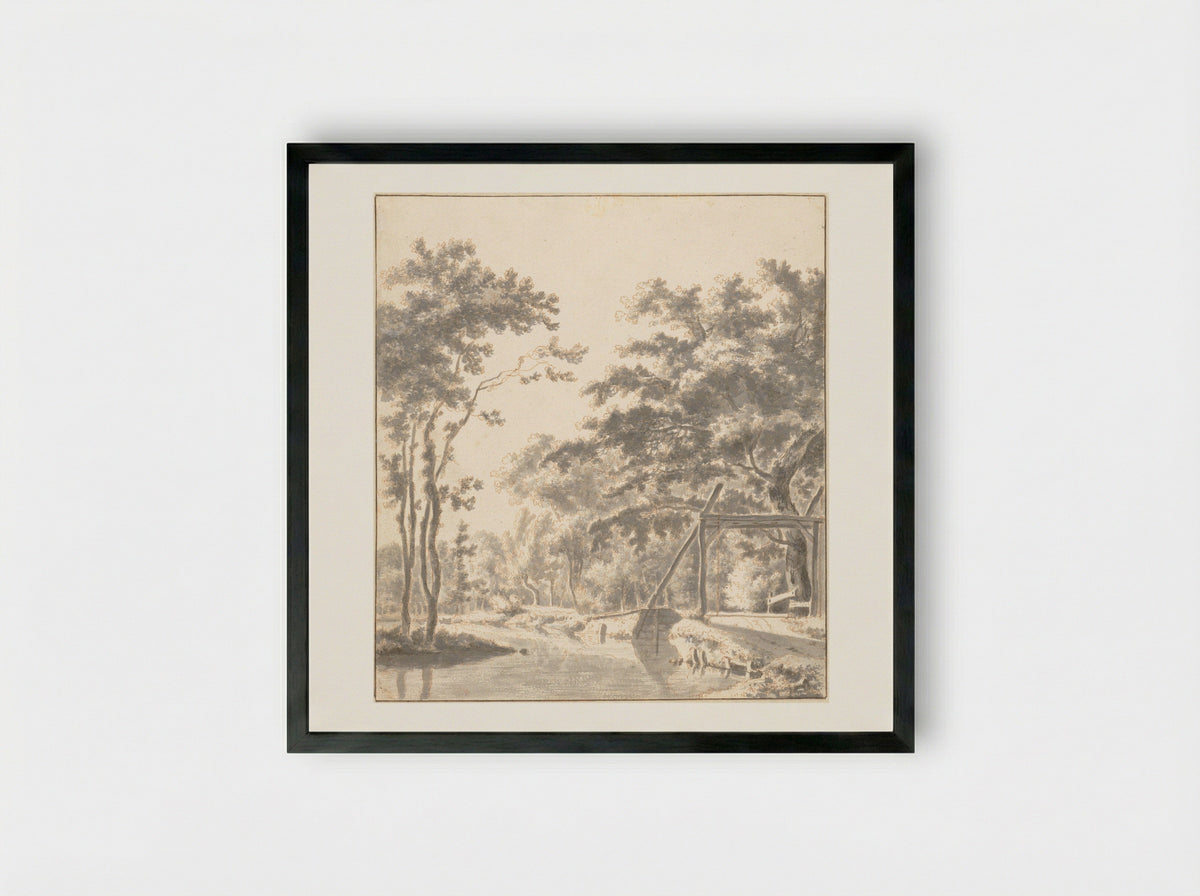 Wooded Landscape with a Drawbridge - Frederik de Moucheron - Framed Print Black