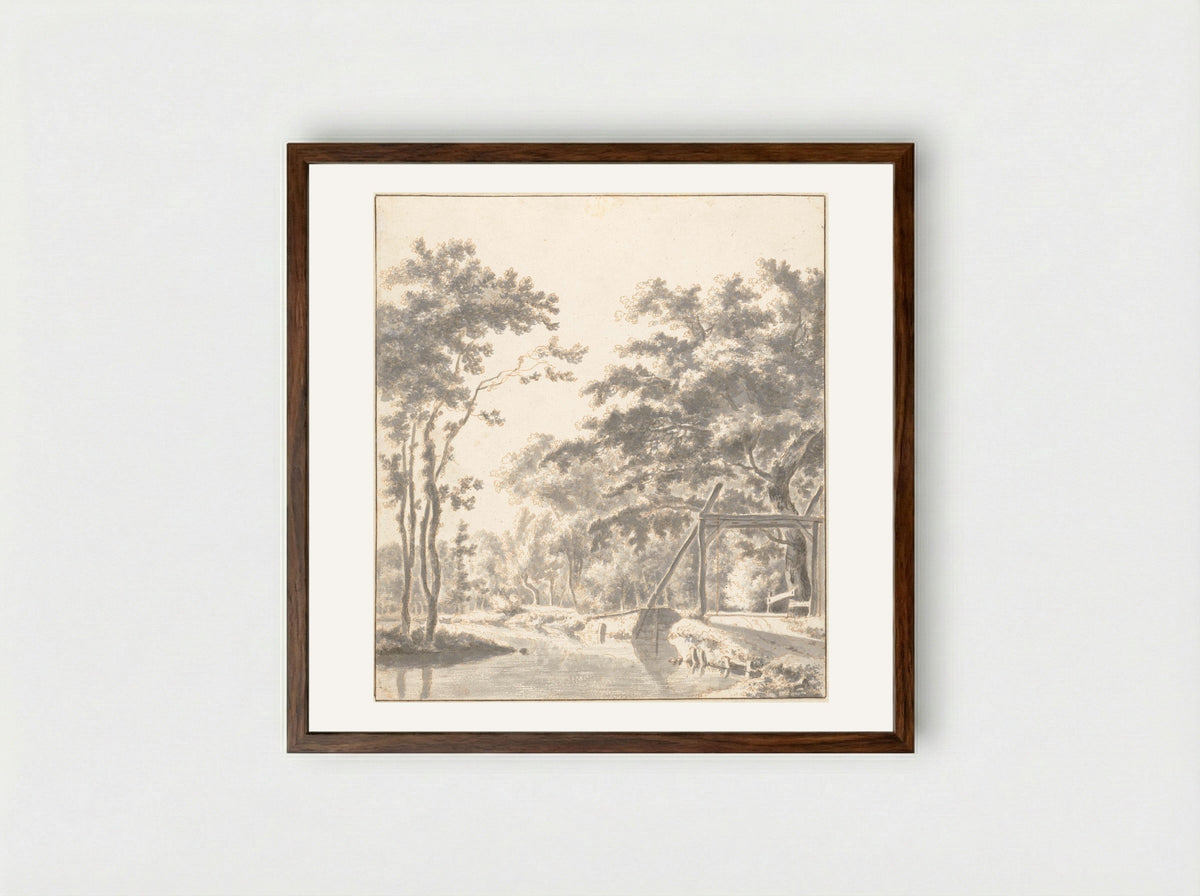 Wooded Landscape with a Drawbridge - Frederik de Moucheron - Framed Print Dark Wood