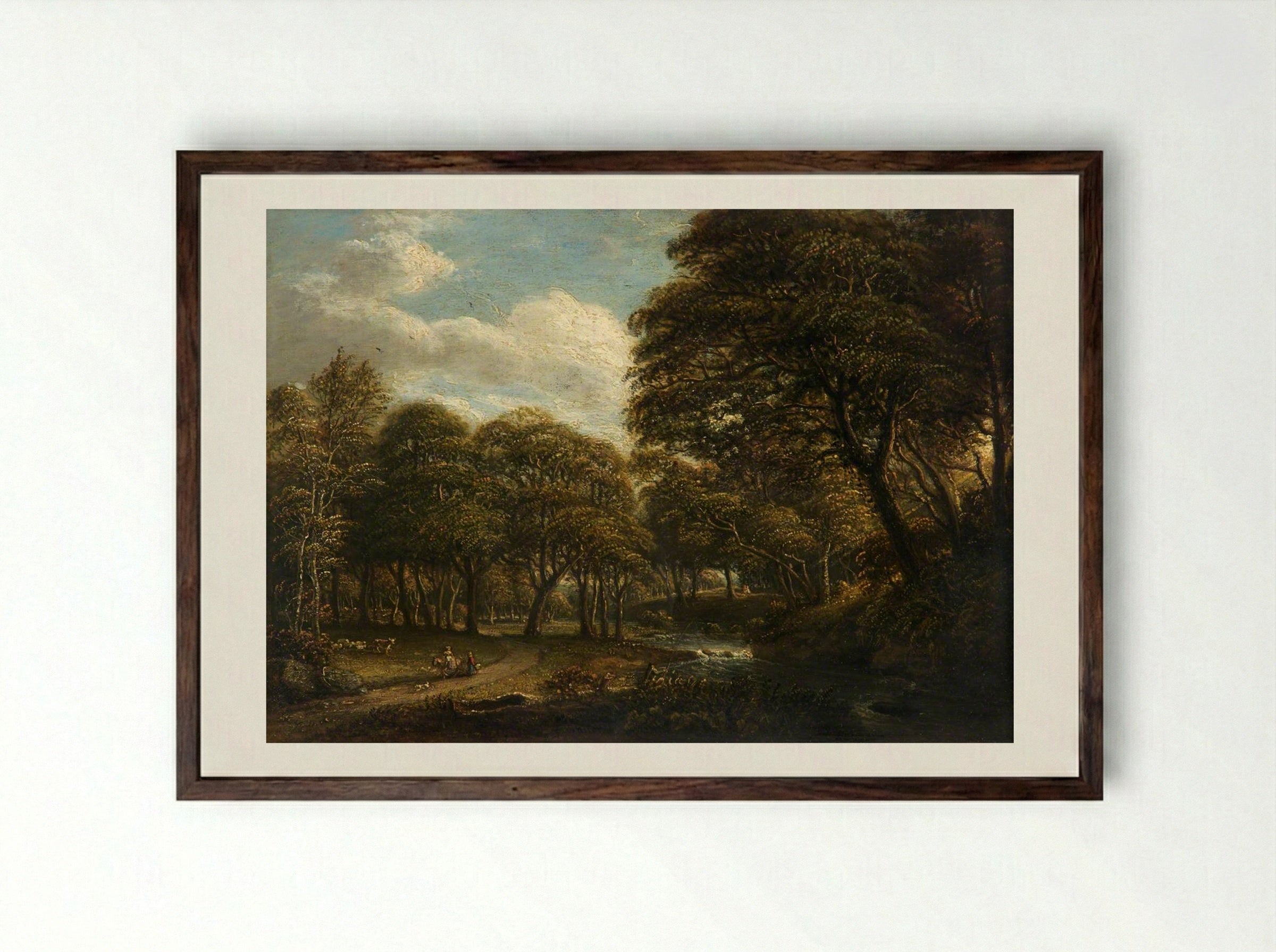 Wooded River Scene with Figures - Paul Sandby - Framed Print Dark Wood