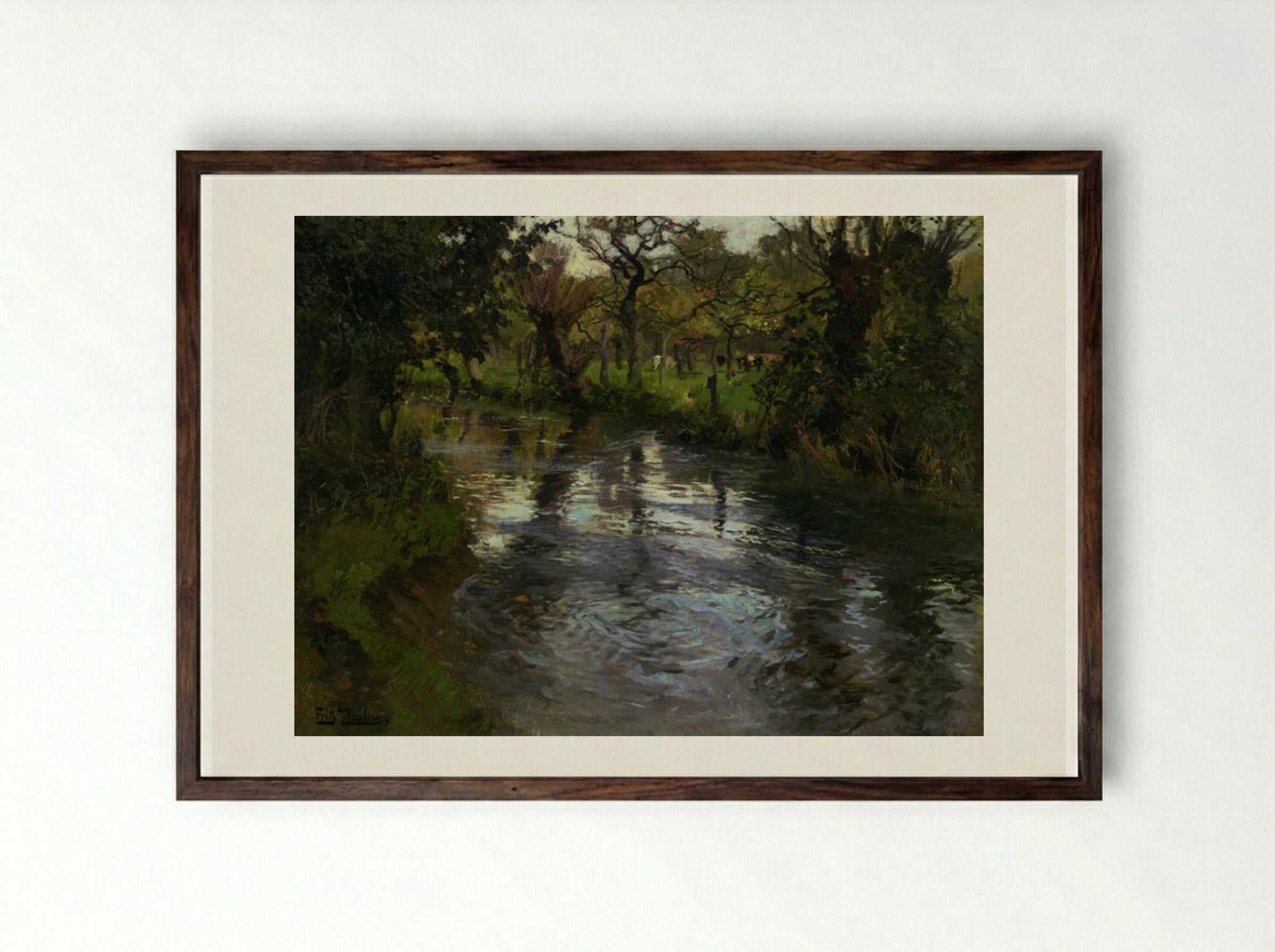 Woodland Scene with a River - Frits Thaulow - Framed Print Dark Wood