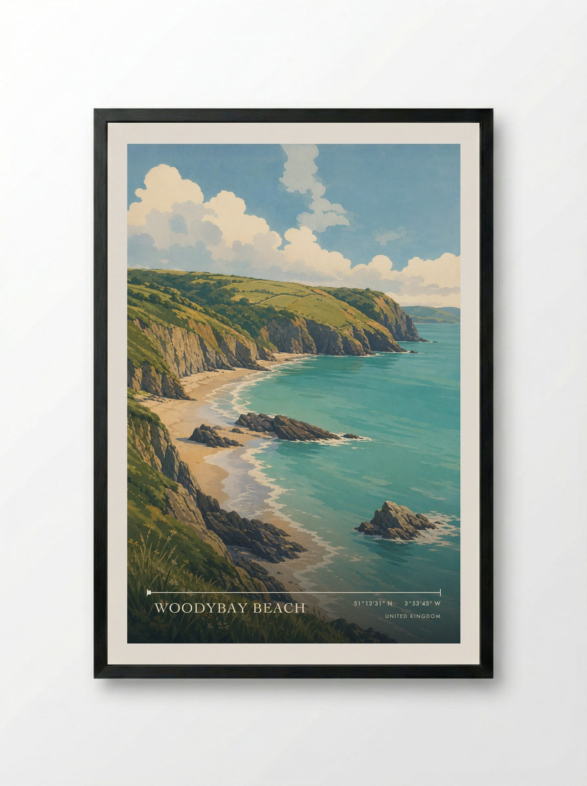 Woodybay Beach United Kingdom Travel Poster - Framed Print Black