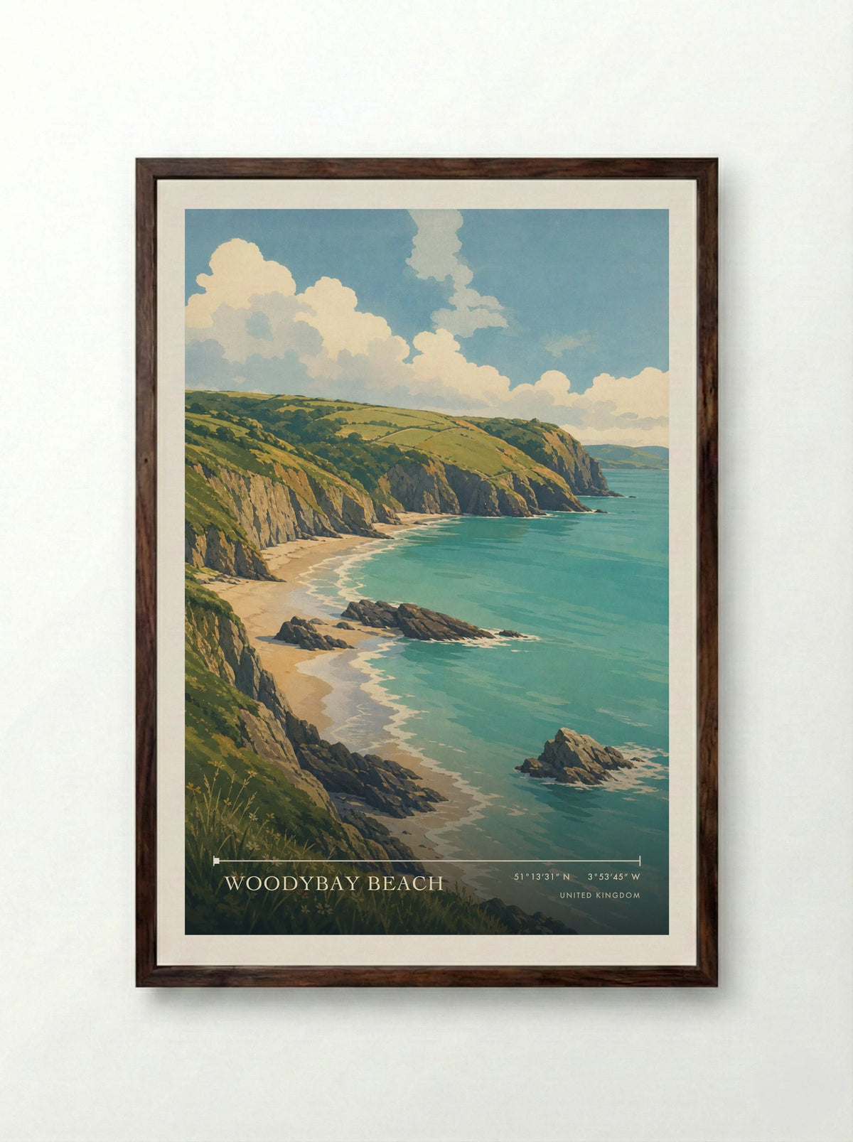 Woodybay Beach United Kingdom Travel Poster - Framed Print Dark Wood