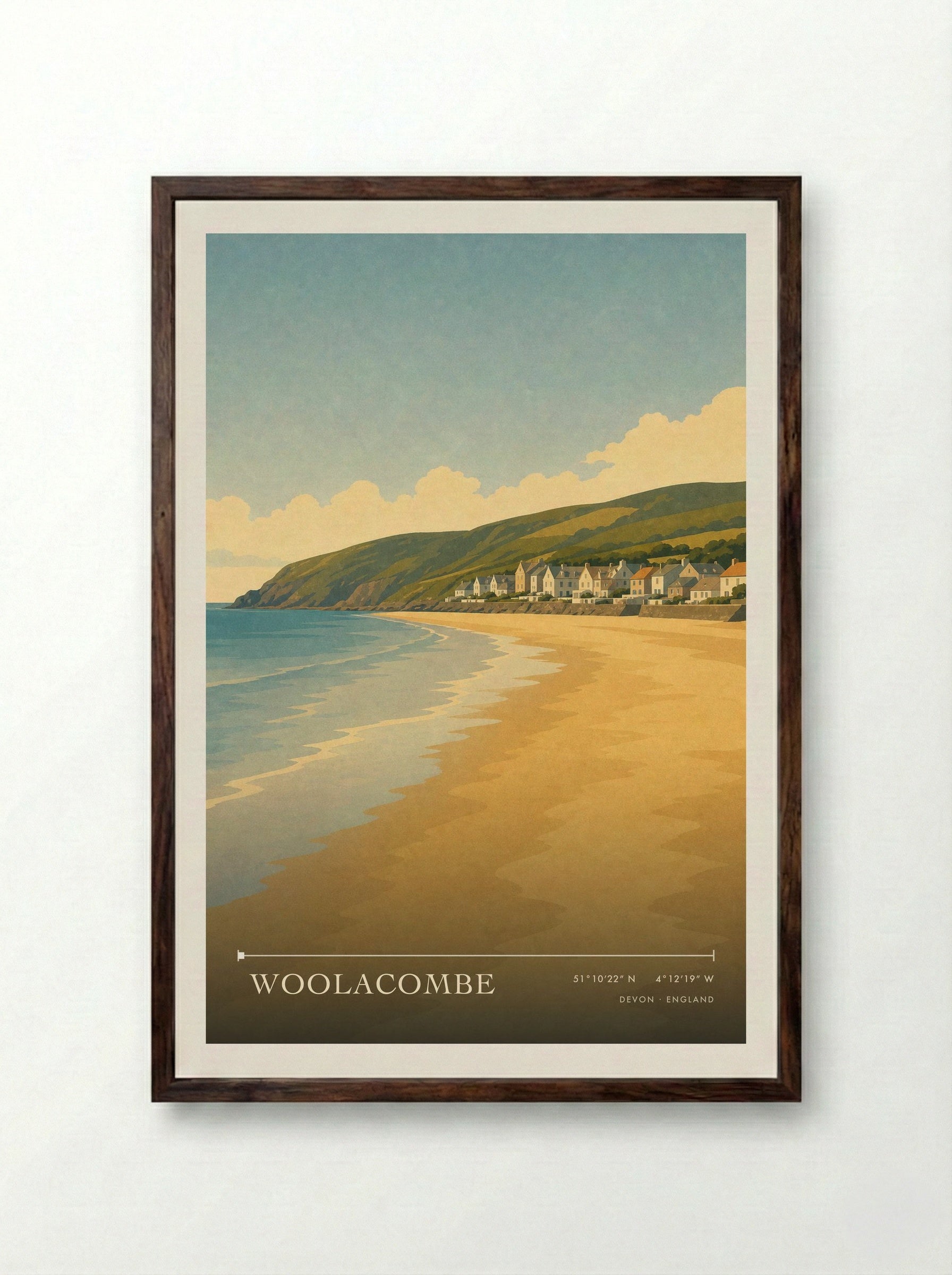 Woolacombe Devon England Travel Poster - Framed Print Dark Wood